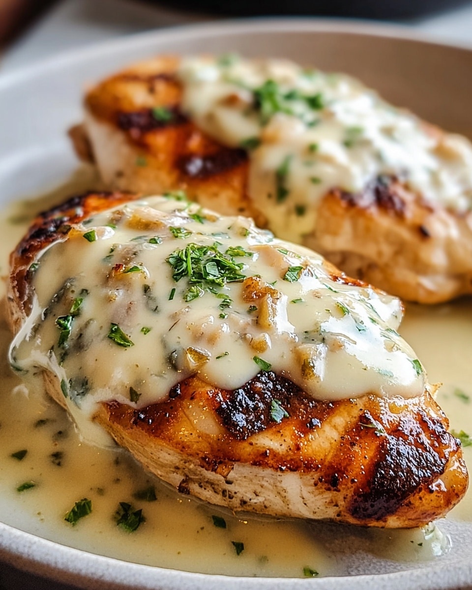 The image shows two grilled chicken breasts, each covered with a creamy white sauce that looks smooth and thick. The chicken has a golden-brown grilled texture with some char marks visible. On top of the sauce, small green herbs are sprinkled, adding a fresh touch. The sauce is slightly pooled around the base of the chicken, sitting on a white plate with a white marbled textured background seen softly behind the plate. photo taken with an iphone --ar 4:5 --v 7