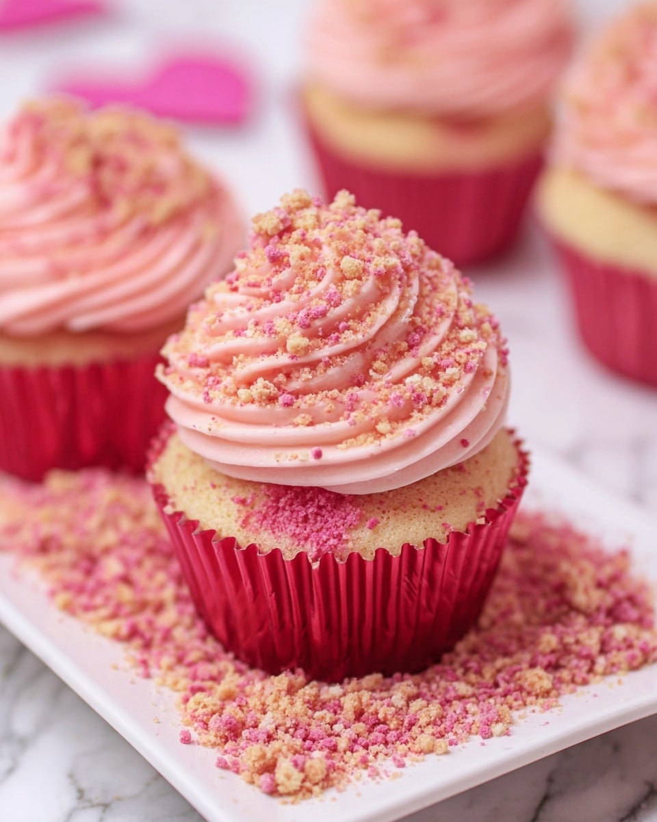 A single cupcake stands in a shiny red wrapper on a white marbled textured surface. The cupcake base is light pink with a soft, slightly crumbly texture. On top, there are about six thick swirled layers of smooth light pink frosting, each layer evenly piped and forming a spiral upwards. The whole frosting is covered with fine pink and yellowish crumb topping, giving a slightly rough texture on the surface, with a small peak of frosting in the center. A glittery pink heart-shaped decoration lies flat in front of the cupcake on the surface. Photo taken with an iphone --ar 4:5 --v 7