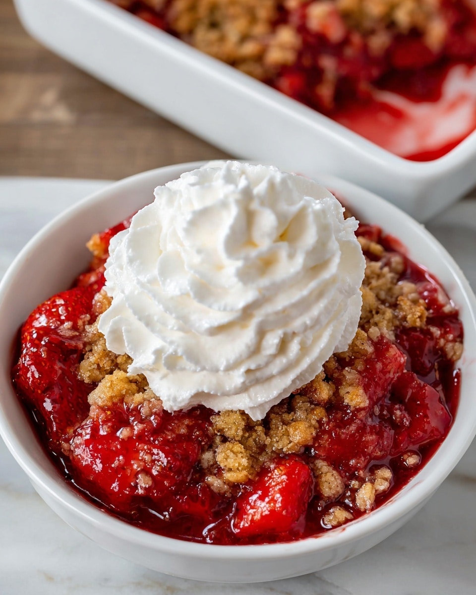 A white bowl filled with a strawberry crumble dessert showing two layers: the bottom layer is a bright red and glossy mixed strawberry filling with chunks of strawberries, and the top layer is a golden-brown crumbly oat topping. On top of the crumble, there is a large swirl of white whipped cream with a soft and fluffy texture. The bowl sits on a white marbled surface. In the background, part of a white rectangular dish with more strawberry crumble is visible. photo taken with an iphone --ar 4:5 --v 7
