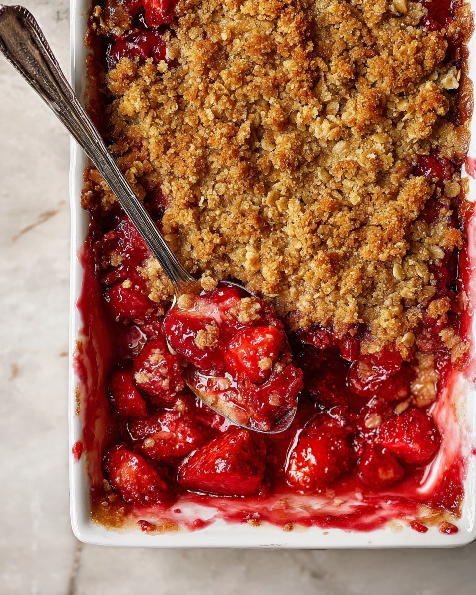 The dish is a baked dessert in a white rectangular dish with two main layers visible. The bottom layer is a mix of cooked red fruit pieces that look juicy and soft with a shiny, syrupy texture. The top layer is a golden-brown crumbly oat topping, rough in texture with visible oats, and it covers most of the fruit. A silver spoon is scooping some of the fruit and topping from the left side of the dish, showing more of the thick fruit filling under the crisp topping. The outside edges of the dish have red fruit juice stains. The dish sits on a white marbled surface. photo taken with an iphone --ar 4:5 --v 7
