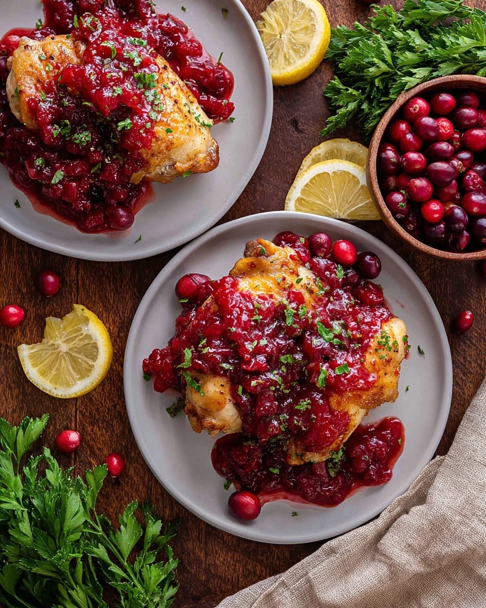 The image shows two white plates each holding two pieces of golden-brown cooked chicken topped with a thick, red cranberry sauce that has whole cranberries and small parsley pieces sprinkled on top. The chicken has a slightly crispy texture under the sauce. Around the plates, there are scattered fresh whole cranberries, sprigs of parsley, and two lemon slices on a wooden surface. A beige cloth is placed near the bottom right corner, and the overall setting is bright and colorful with the rich red of the cranberry sauce standing out against the white plates and wooden background. photo taken with an iphone --ar 4:5 --v 7