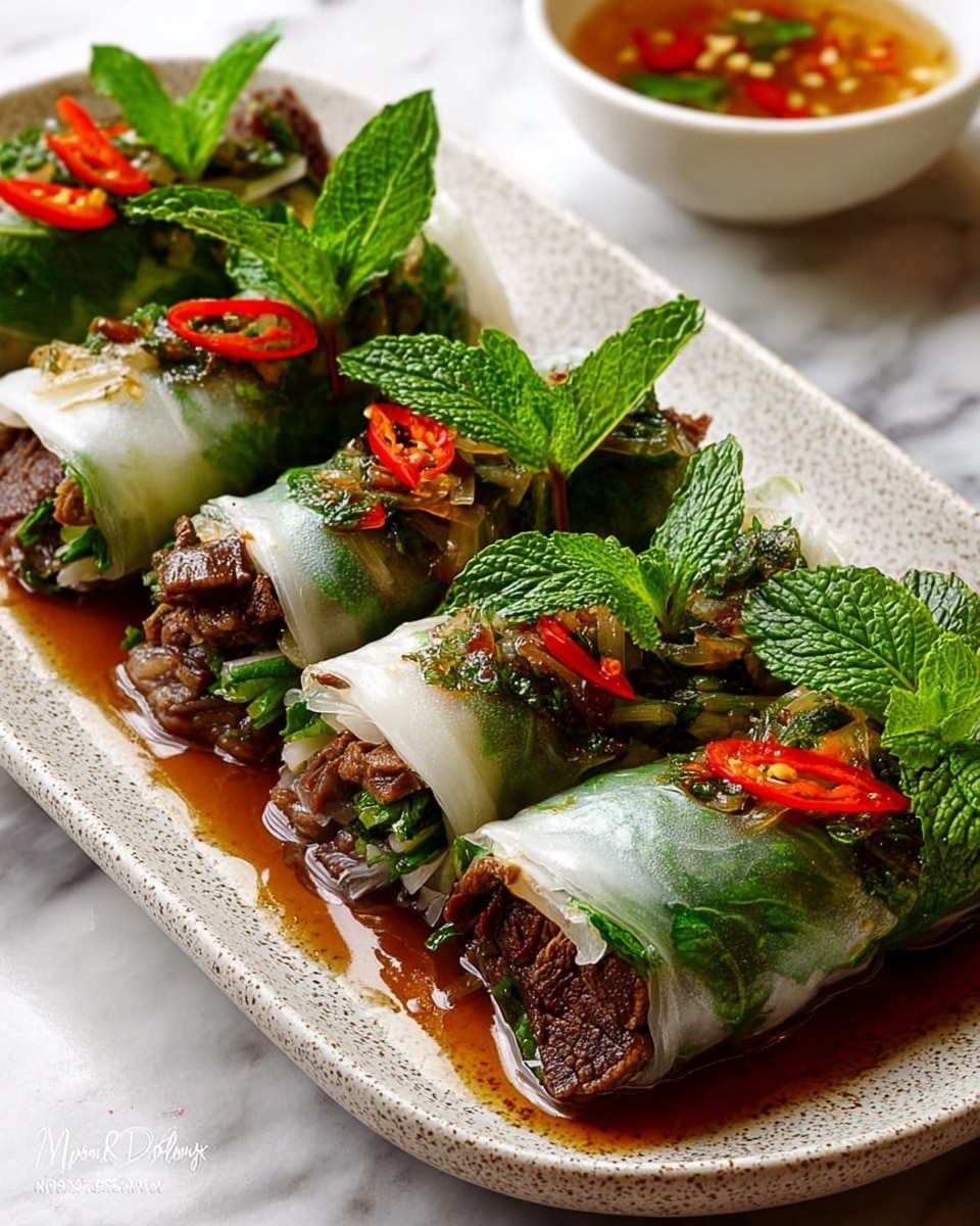 The image shows a wooden board filled with two rows of fresh spring rolls, each roll cut into bite-sized pieces. The rolls have three visible layers: a translucent, slightly shiny rice paper wrap on the outside, a middle layer of bright green leafy herbs and vegetables, and an inner layer of dark brown cooked meat mixed with bits of green herbs and small pieces of red chili. Behind the rolls, there are wedges of lime and fresh green watercress leaves lightly scattered. A small white bowl filled with a dark brown dipping sauce that has floating bits of chili and sesame seeds sits on the right side of the board. The whole setup is placed on a white marbled surface. photo taken with an iphone --ar 4:5 --v 7
