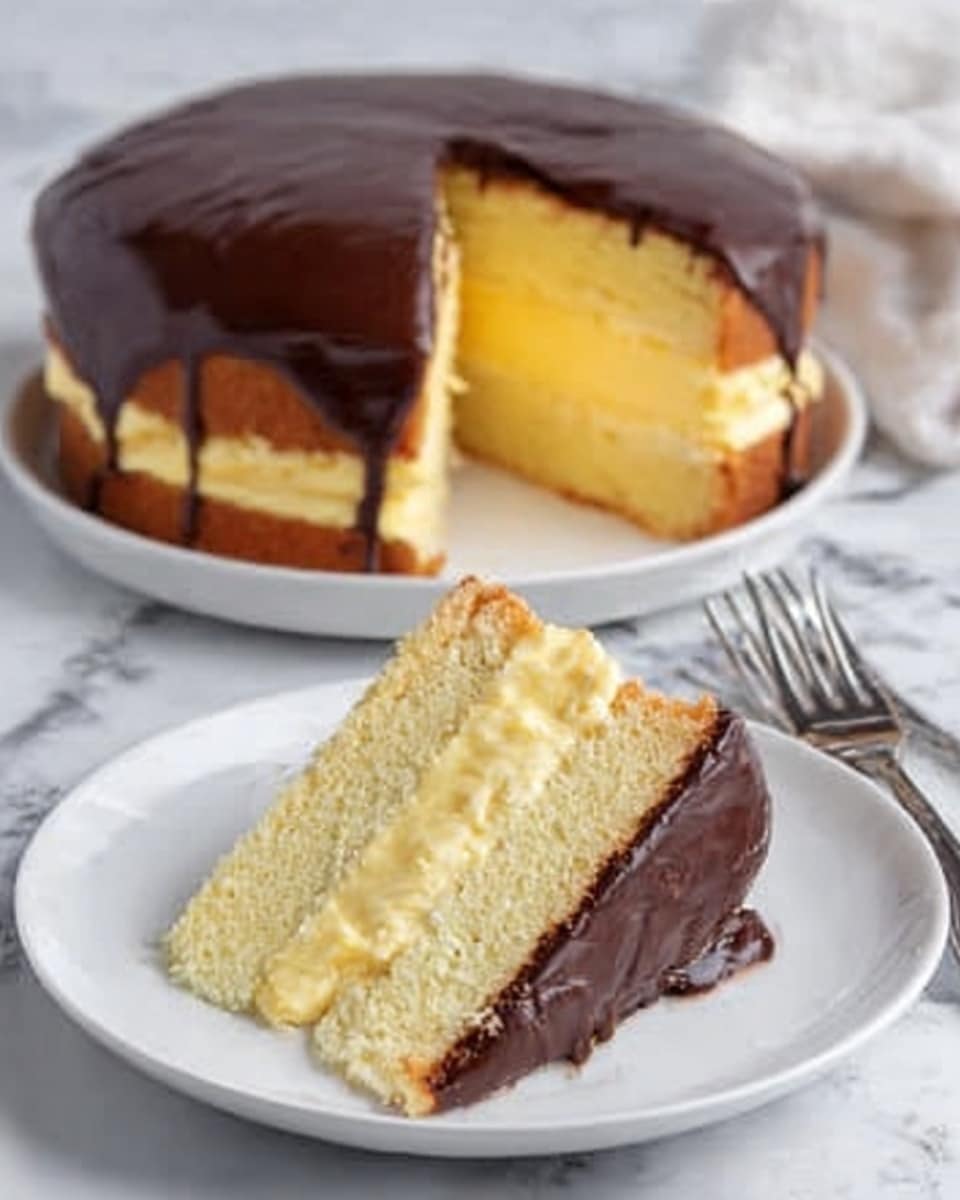 A two-layer cake sits on a white plate over a white marbled surface. The cake's bottom layer is light yellow with a soft, fluffy texture. Between the two layers is a thick, creamy yellow filling that looks smooth and rich. The top layer matches the bottom with its light yellow color and fluffy texture. Covering the entire cake is a thick, glossy dark brown chocolate glaze that drapes slightly over the sides. A woman's hand is lifting a slice from the cake, showing the distinct layers and texture inside. Photo taken with an iphone --ar 4:5 --v 7
