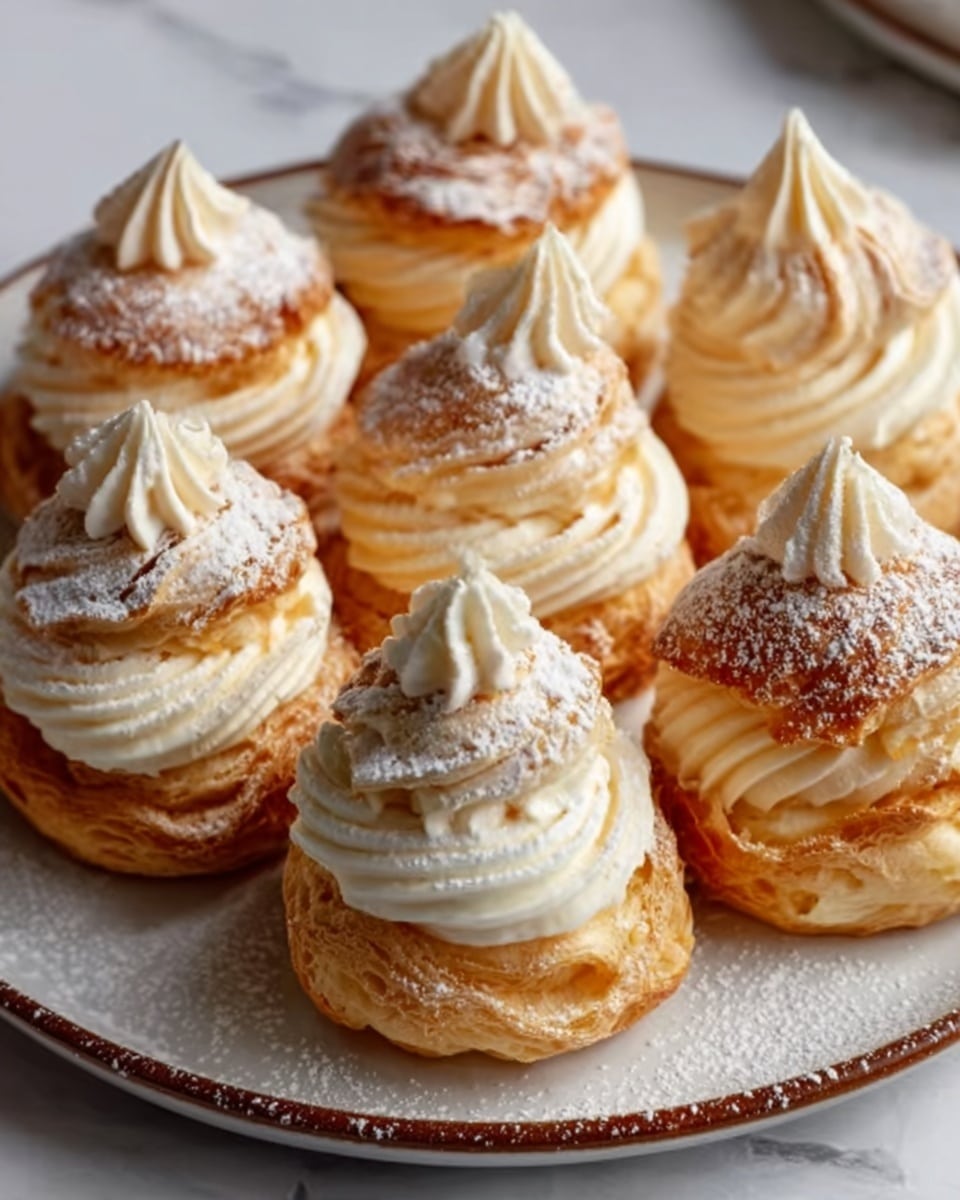 A white plate with a gold rim holds eight round pastries, each with three layers: a golden-baked base with visible flaky layers, a thick middle layer of toasted light brown crust, and a top layer of creamy white swirled frosting shaped like roses. The pastries are dusted lightly with powdered sugar and a hint of brown spice on top. The plate sits on a white marbled texture surface, with some powdered sugar scattered around. Nearby, there are gold Christmas ornaments and small frosted pinecones, adding a festive touch. photo taken with an iphone --ar 4:5 --v 7