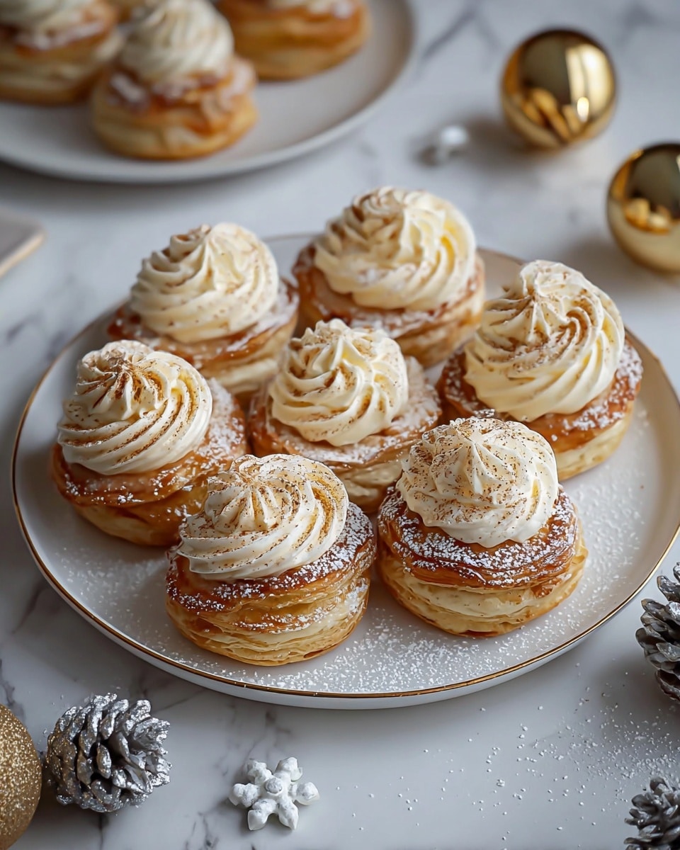 The image shows seven round cream puffs on a white plate with a brown edge, placed on a white marbled surface. Each cream puff has a base layer of golden-brown choux pastry, topped with a large swirl of light beige cream that has a smooth, slightly glossy texture. The cream is piped in a circular pattern, ending in a pointed peak. The cream puffs are dusted with fine powdered sugar, adding a soft white texture on top. The plate is viewed from a close angle, showing the creamy swirl details clearly. Photo taken with an iphone --ar 4:5 --v 7