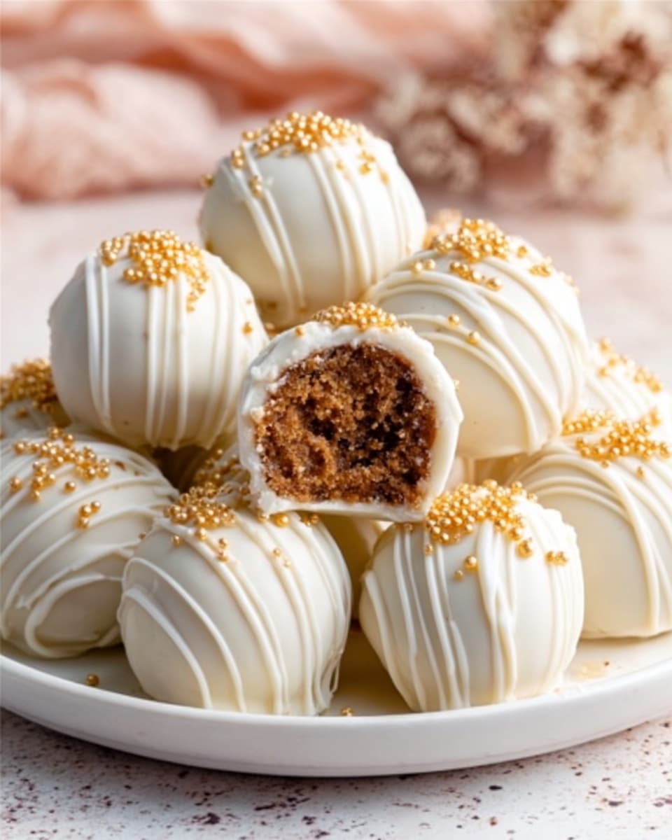 The image shows a white plate filled with several round cake balls arranged closely together. Each cake ball is coated in smooth white chocolate with a thin drizzle of the same white chocolate over the top, creating fine lines and a slightly shiny texture. Small golden pearl-like sprinkles are scattered on the tops and sides of the cake balls, adding a touch of color and texture. One cake ball in the center is cut in half, showing a dark brown, moist and crumbly inside layer with a strong contrast to the smooth, white outer coating. The plate rests on a white marbled textured surface, and in the background, soft beige and pink tones add a gentle warmth to the scene. photo taken with an iphone --ar 4:5 --v 7