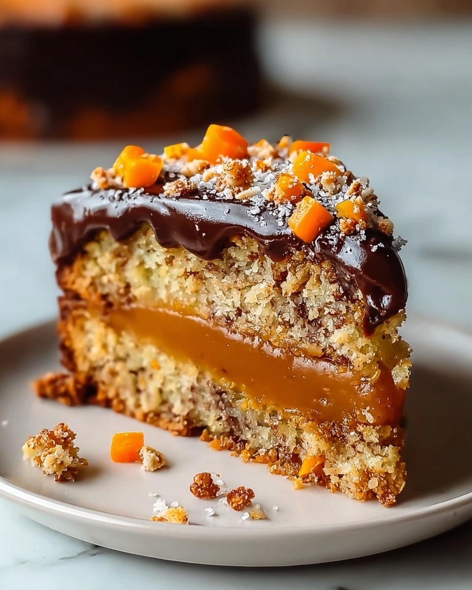 A single slice of cake is shown on a white plate placed on a white marbled surface. The cake has three main layers: the bottom layer is a thick, smooth caramel-colored filling, the middle layer is a crumbly, light brown cake with small bits of orange, and the top layer is a rich, glossy dark chocolate glaze that drips slightly over the sides. The cake is topped with small pieces of bright orange carrot and crunchy, lighter brown bits, with a light dusting of powdered sugar giving a slight sparkle. Some crumbs and small pieces have fallen onto the plate around the cake. Photo taken with an iphone --ar 4:5 --v 7