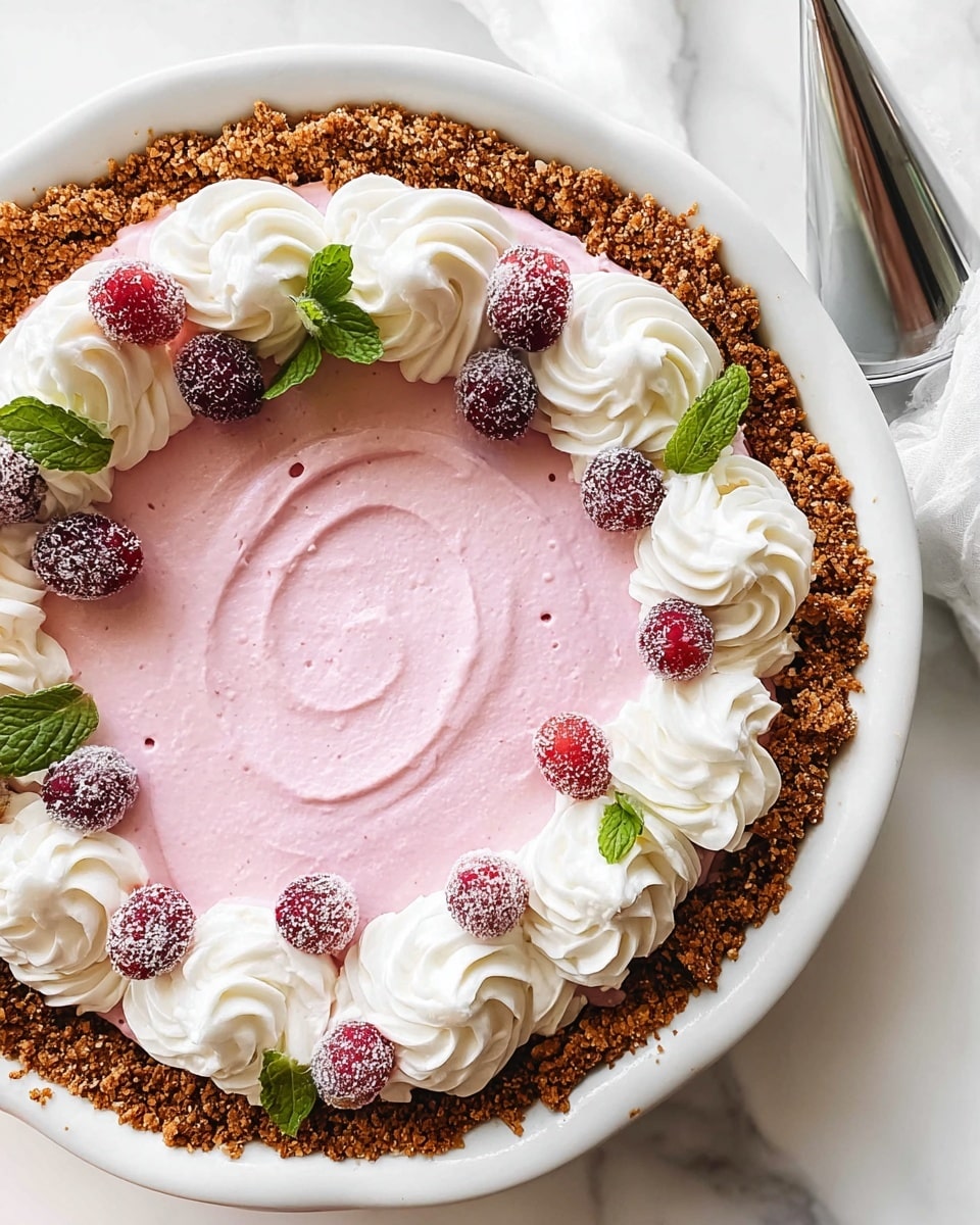 A pie with three layers is shown on a white pie dish placed on a white marbled surface. The bottom layer is a rough, crumbly brown crust that edges the whole pie. Above the crust, there is a smooth, thick, light pink filling that covers the entire inside of the crust. Around the top edge of the pink filling, there is a thick ring of white whipped cream decorated with a swirling pattern. Small sugar-coated red berries and fresh green mint leaves are placed evenly on the whipped cream ring, with more berries and mint in the center of the pie's pink filling. A piping bag with a metal tip is visible near the pie. Photo taken with an iphone --ar 4:5 --v 7