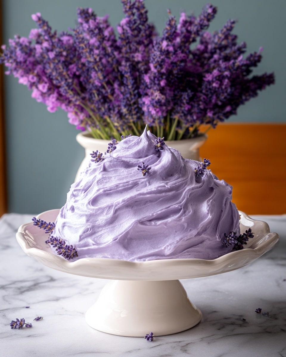 A white pedestal plate holds a generous mound of light purple whipped cream that is swirled and textured with peaks and soft folds, giving it a fluffy and airy look. The background shows sprigs of deep purple lavender flowers with green stems, adding a natural, fresh feel to the scene, all set on a wooden surface with a white marbled texture behind. photo taken with an iphone --ar 4:5 --v 7