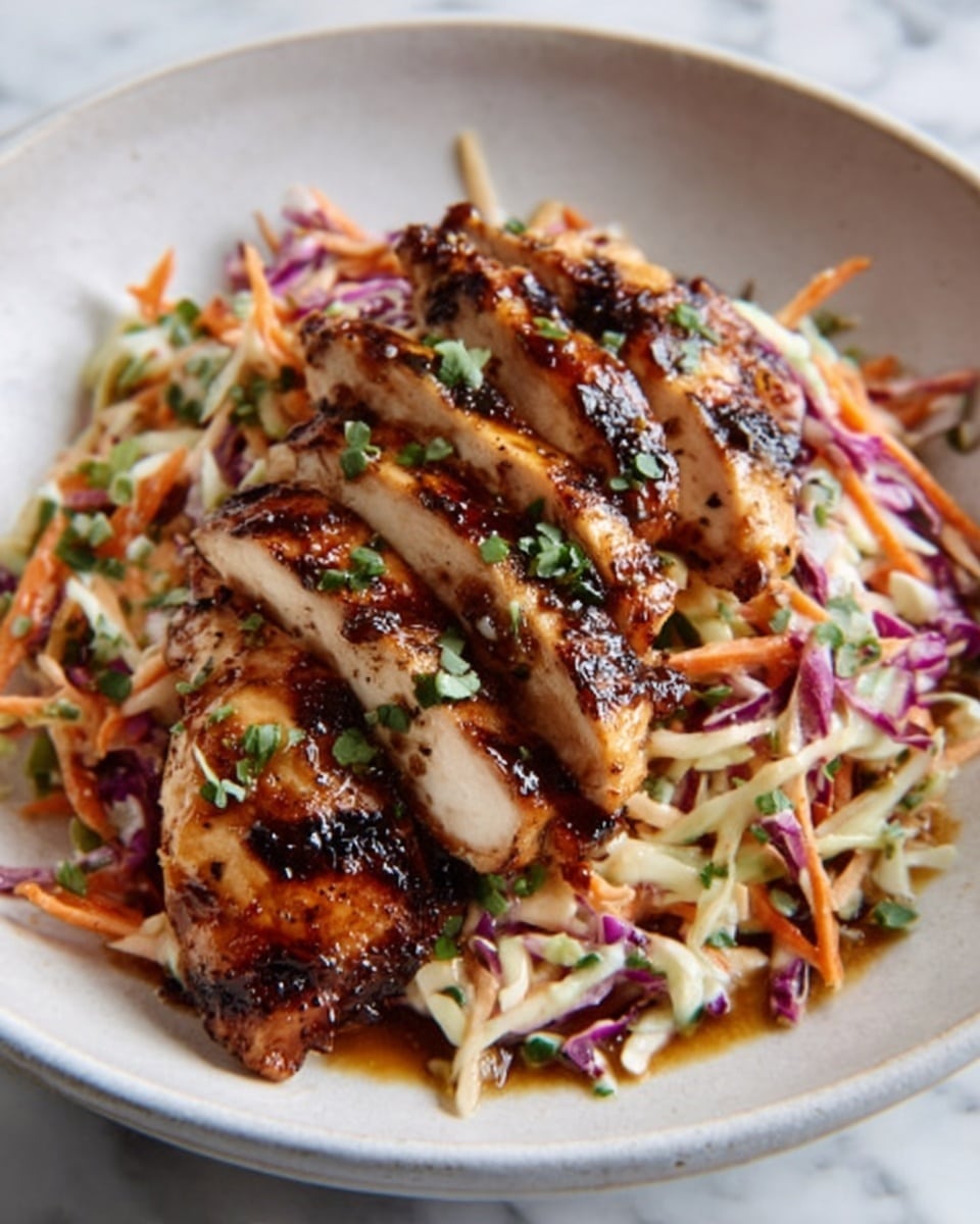A white shallow bowl holds a dish featuring several thick slices of golden-brown grilled chicken, each slice showing juicy, slightly charred edges and a rich glaze. The chicken slices are laid on top of a colorful coleslaw made of shredded orange carrots, pale green cabbage, and purple cabbage, all mixed together with a creamy dressing. Small green herb bits are sprinkled over the top of the chicken, adding a fresh look. The whole setup sits on a clean white marbled surface. Photo taken with an iphone --ar 4:5 --v 7
