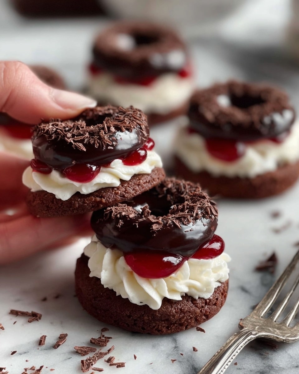 The image shows small round chocolate cookies in two layers with a thick, creamy white filling piped in a textured, swirled pattern in the middle layer. The top cookie has a glossy, dark chocolate coating with a shiny red cherry or jelly center. One cookie is held between a woman's fingers, showing the layers closely, while several others lay on a white plate with scattered chocolate crumbs, all set on a white marbled surface. photo taken with an iphone --ar 4:5 --v 7
