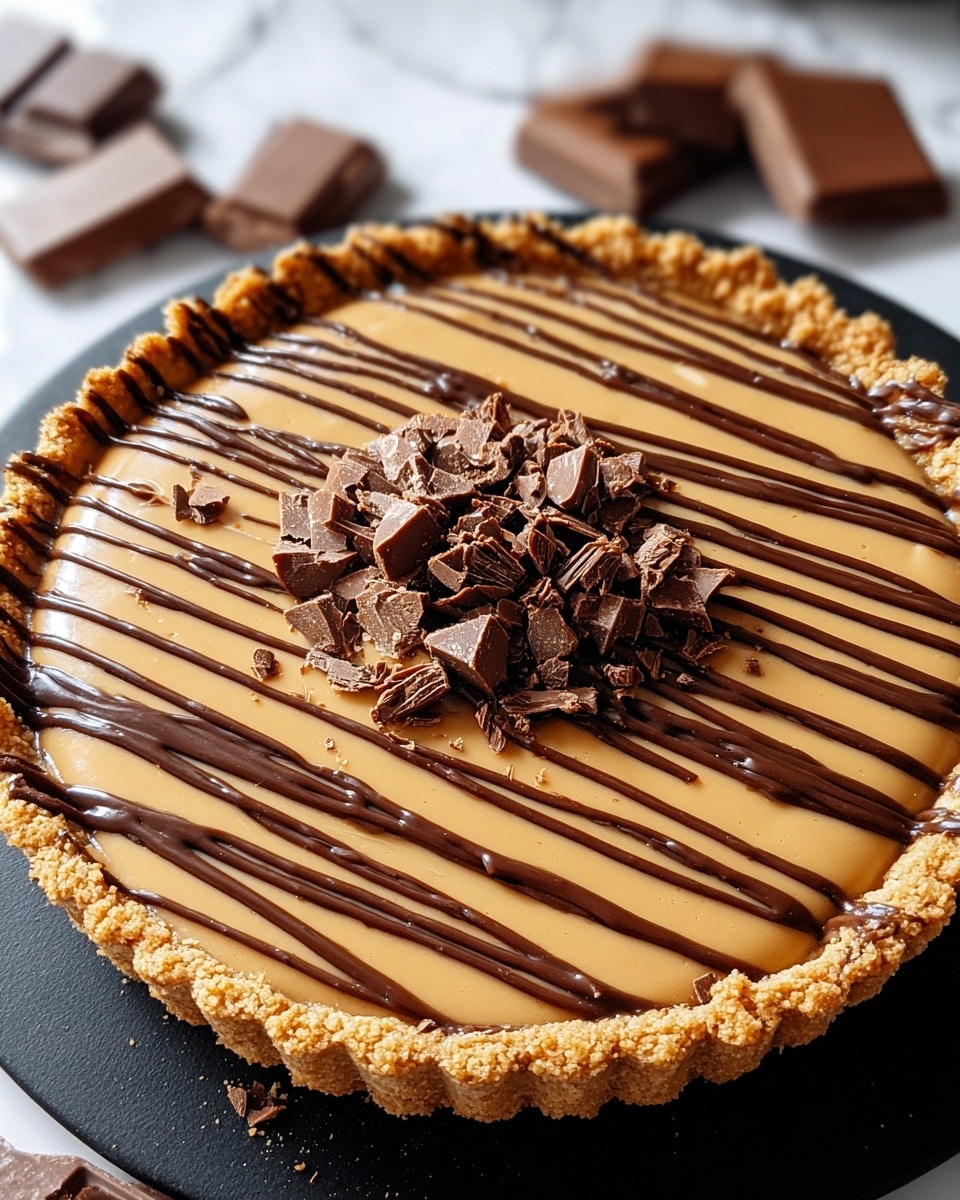 A round tart with a golden-brown crumbly crust that frames the smooth, creamy light caramel-colored filling. On top, there are thick dark chocolate drizzle lines spread diagonally across the tart, creating a striking contrast. In the center of the tart, a small pile of chopped milk chocolate pieces is placed, adding texture and a rich chocolate look. The tart rests on a black surface with pieces of chocolate in the background, all set against a white marbled texture. photo taken with an iphone --ar 4:5 --v 7