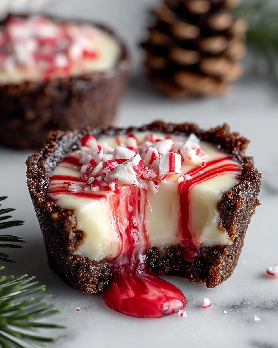 A small tart with three layers sits on a white marbled surface: the bottom layer is dark brown and crumbly like a cookie crust, the middle layer is creamy and white, the top layer has a bright red and white swirled sauce flowing slightly down the side, with small crushed peppermint candy pieces scattered on top and around the tart. The tart has a bite taken out, showing the thick creamy middle and juicy sauce dripping down. A blurred second tart and a pine cone with green leaves are in the background. photo taken with an iphone --ar 4:5 --v 7