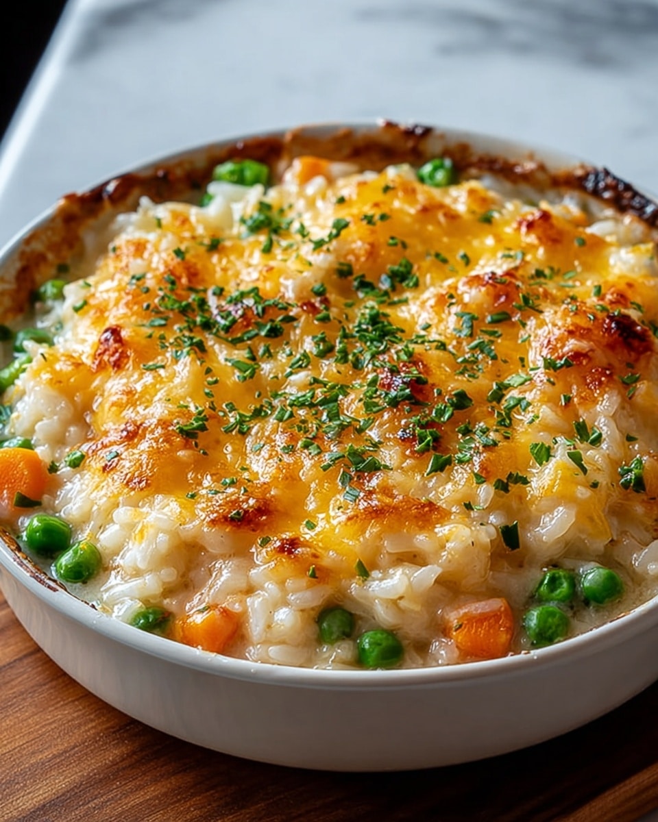 A round white bowl filled with a creamy rice dish mixed with green peas and small orange carrot cubes. On top, a thick layer of melted yellow cheese is browned in spots, giving a bubbly and slightly crispy texture. The dish is garnished with finely chopped green herbs sprinkled evenly over the cheese. The bowl sits on a white marbled surface with soft natural lighting highlighting the warm, rich colors of the food. photo taken with an iphone --ar 4:5 --v 7