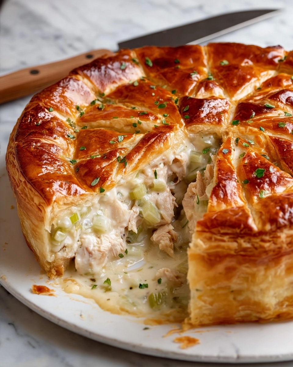 A golden-brown, shiny pie with a flaky, puff pastry crust forms the top layer, scored into wedges. Beneath the top crust, a creamy white sauce with chunks of tender, light-colored chicken and small, pale green celery pieces fills the middle layer. The bottom layer holds a thick, sturdy pastry base, slightly browned and flaky. Small green herb bits sprinkled on the crust add a touch of color. The pie sits on a white plate, set on a white marbled surface, with a wooden-handled knife in the background. Photo taken with an iphone --ar 4:5 --v 7