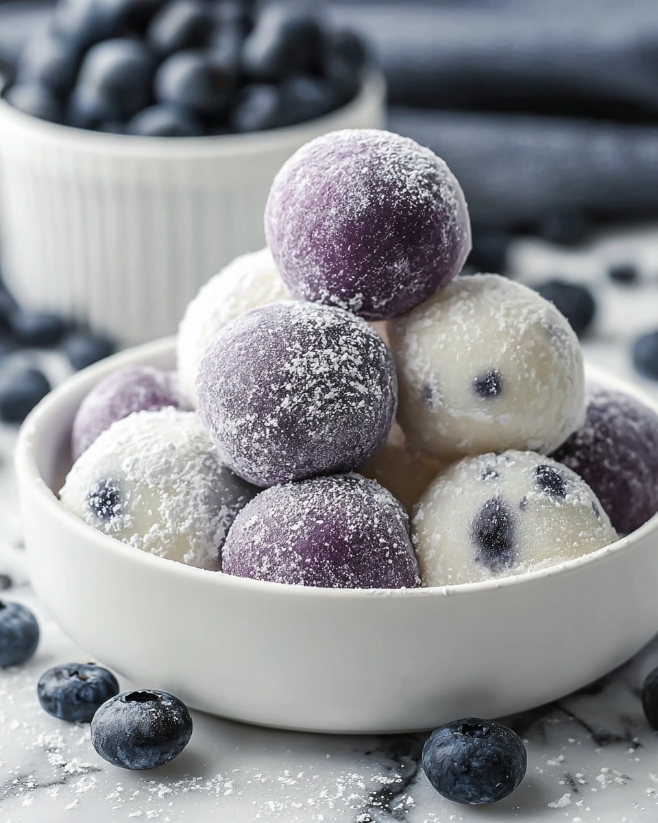A white bowl filled with two layers of round mochi balls, the bottom layer has white mochi with visible small dark blue spots inside, and the top layer has purple mochi balls. All the mochi are dusted with white powdered sugar, giving a soft, powdery texture. The bowl sits on a white marbled surface, surrounded by scattered blueberries and powdered sugar. In the background, there is a white bowl filled with fresh blueberries. Photo taken with an iphone --ar 4:5 --v 7