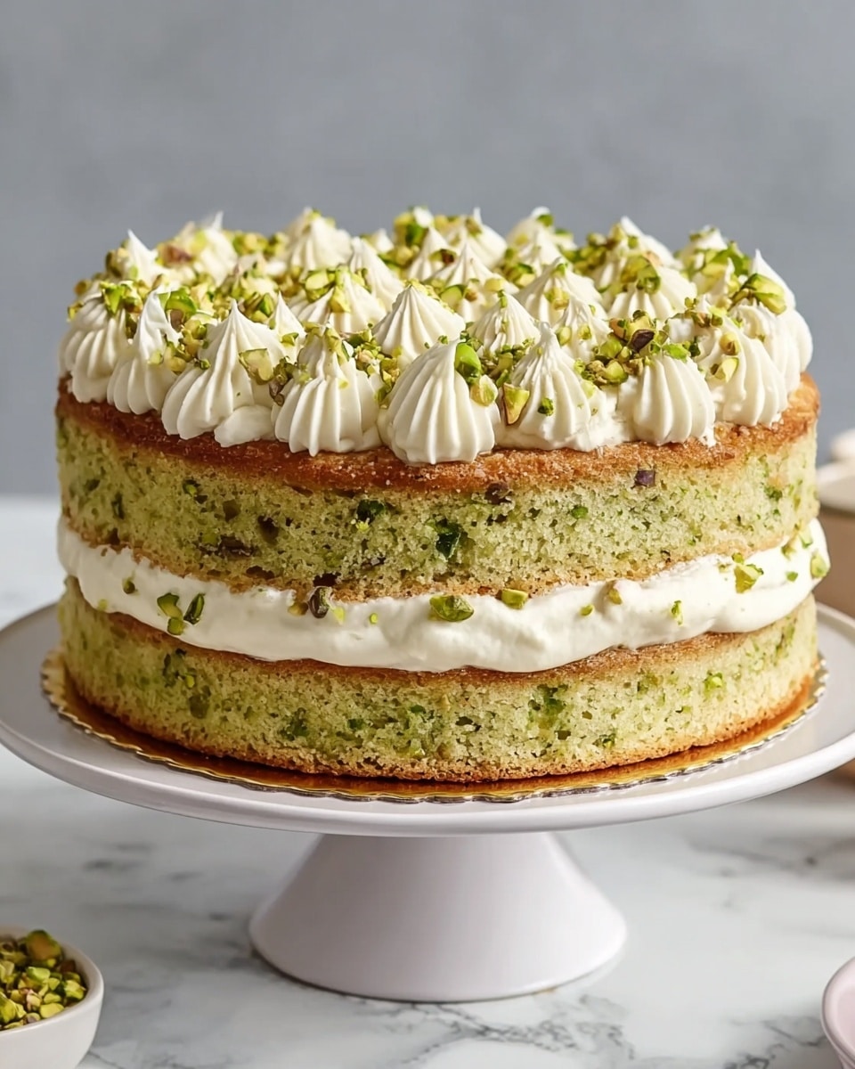 A two-layer green pistachio cake sits on a white cake stand with a gold trimmed edge, placed on a white marbled surface. Each sponge layer has a light green color with visible bits of pistachio inside, showing a moist texture. Between and on top of the layers, thick dollops of creamy white frosting are evenly spaced and smooth. The top is decorated with crushed pistachio nuts scattered over the frosting with small peaks of frosting surrounding the edge. Photo taken with an iphone --ar 4:5 --v 7