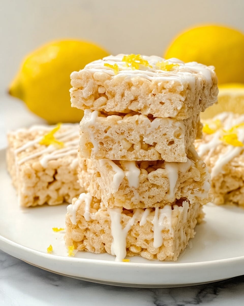 A stack of four square rice crispy treats sits on a plain white plate over a white marbled surface. Each treat has a light golden texture with visible puffed rice pieces, and they are drizzled with shiny white icing that flows slightly over the edges. Small yellow lemon zest bits are sprinkled on top, adding a slight pop of color. In the background, three whole yellow lemons are softly blurred, enhancing the fresh, citrus theme of the treat. Photo taken with an iphone --ar 4:5 --v 7