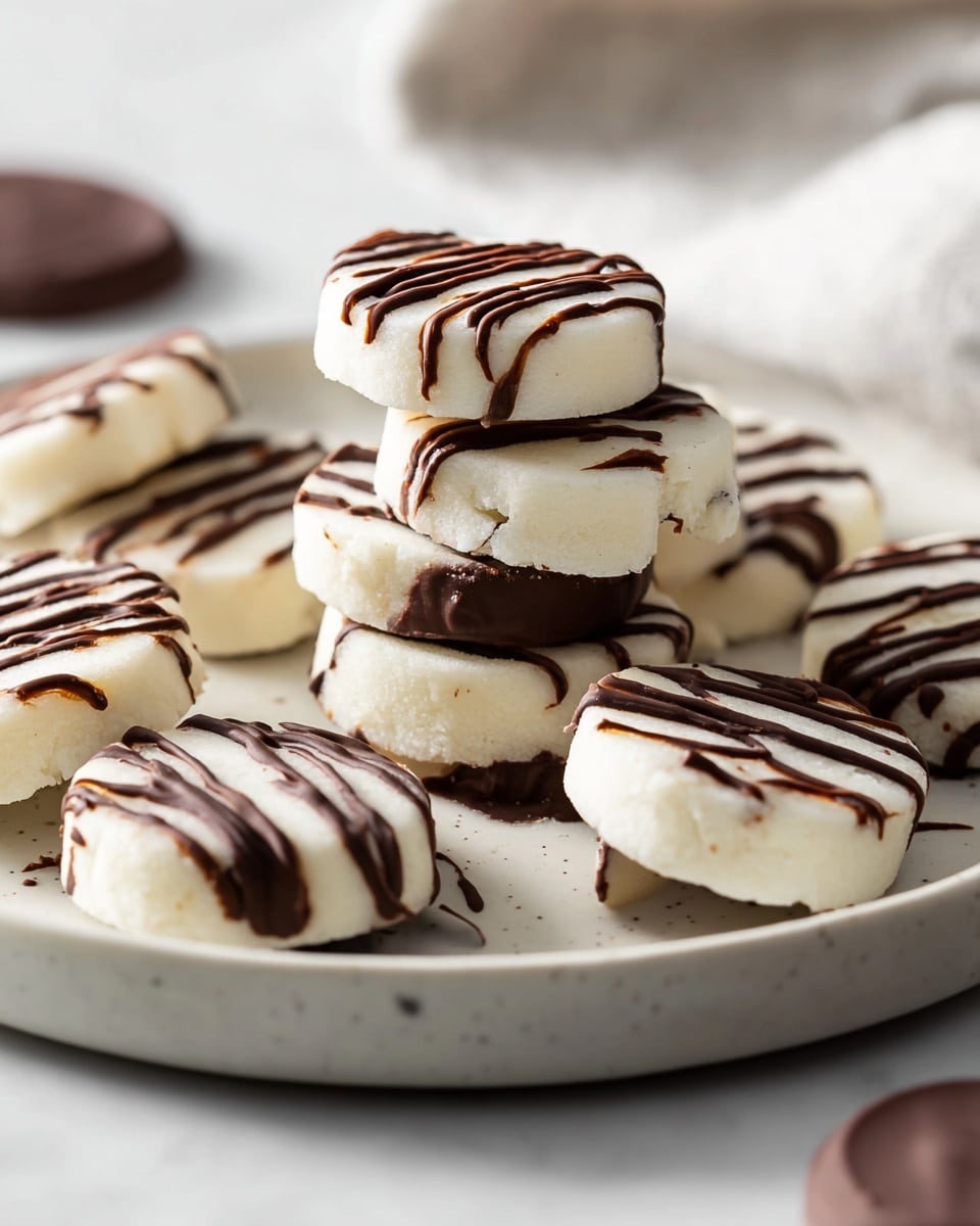 The image shows a white plate filled with round cookies. Each cookie has two halves: one plain white smooth side and the other side covered in dark chocolate. Some cookies have thin dark chocolate lines drizzled on the white half, creating a striped pattern. The cookies are arranged to cover the plate fully, showing both halves clearly. The background is a white marbled texture. Photo taken with an iphone --ar 4:5 --v 7