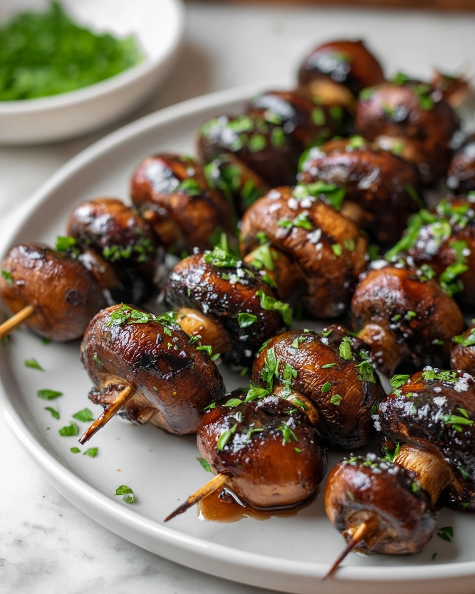 The image shows several grilled mushroom skewers arranged on a white plate placed on a white marbled surface. Each skewer holds three to four whole, brown mushrooms that are charred with dark grill marks and glistening from a shiny glaze. The mushrooms have been sprinkled with small green chopped herbs and a bit of coarse salt. In the background, a white bowl with more herbs is partially visible, adding a fresh green pop to the warm, earthy tones of the mushrooms. photo taken with an iphone --ar 4:5 --v 7