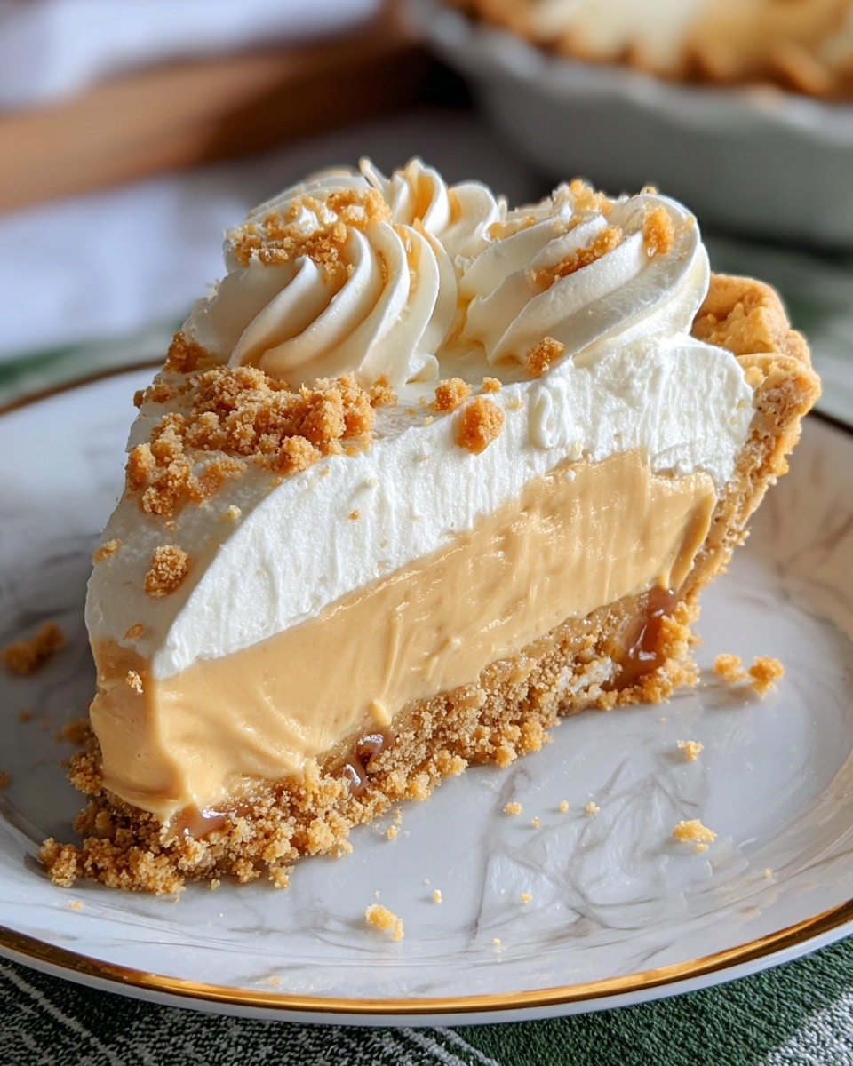 The image shows a slice of creamy pie on a white plate with a gold rim, placed on a white marbled surface. The pie has three main layers: a light golden crumbly crust at the bottom, a thick smooth light caramel-colored filling in the middle, and a fluffy white whipped topping on top. The whipped layer is decorated with small swirls and sprinkled with extra crumbled crust pieces and tiny caramel bits. The edge of the pie crust is slightly folded and crimped. Photo taken with an iphone --ar 4:5 --v 7