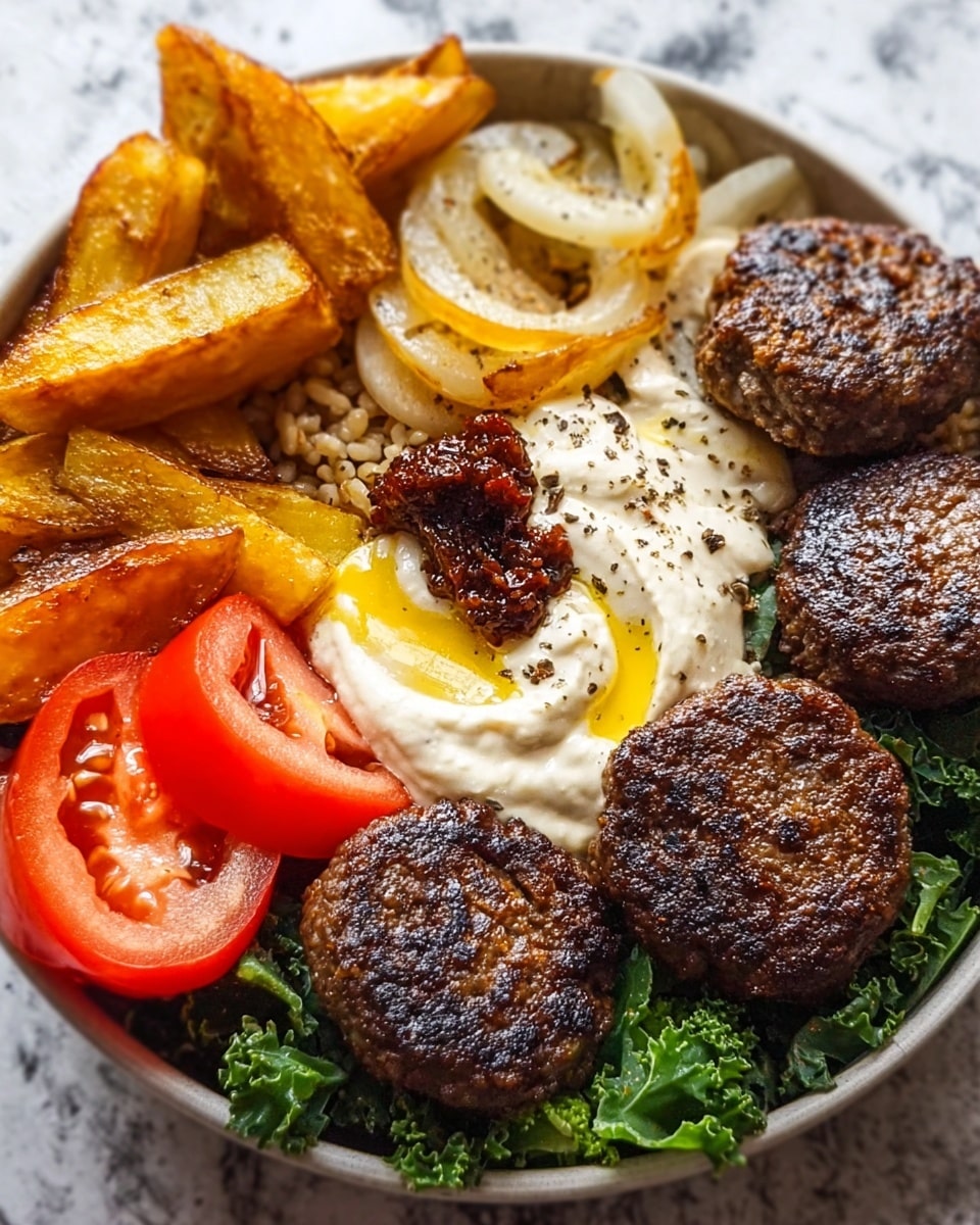 This dish is served in a white bowl on a white marbled surface. It has several layers and sections: at the bottom and sides, there are fresh green kale leaves forming a base. On top, there are five small, round, dark brown grilled meat patties with a slightly crispy texture. To one side, there are golden-brown potato wedges with a crispy surface. Next to the potatoes, there are thin slices of cooked yellow onion. There is a scoop of creamy white sauce with a smooth texture, lightly sprinkled with black pepper and topped with a small amount of dark red paste and a drizzle of yellow oil. On another side, two bright red slices of fresh tomato are placed. Some cooked grains, light brown in color, are visible between the tomatoes and the sauce. Photo taken with an iphone --ar 4:5 --v 7