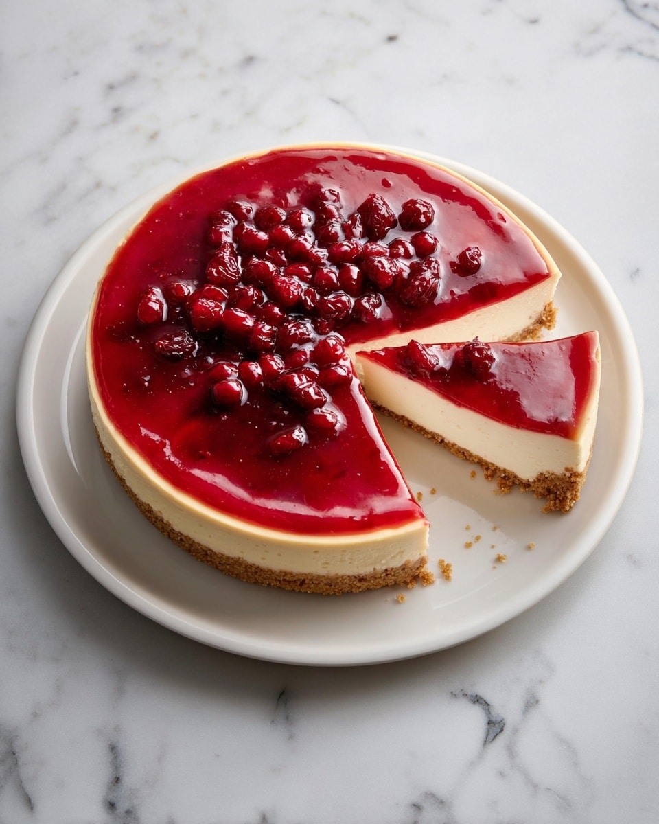 A round cheesecake is shown with three clear layers: a light brown crumbly crust at the bottom, a thick creamy white middle layer, and a shiny deep red fruit topping with whole small red berries scattered on top. One triangular slice is cut out and slightly pulled away from the cake on a white plate. The whole set is placed on a white marbled surface, capturing the bright and smooth textures of the dessert. Photo taken with an iphone --ar 4:5 --v 7