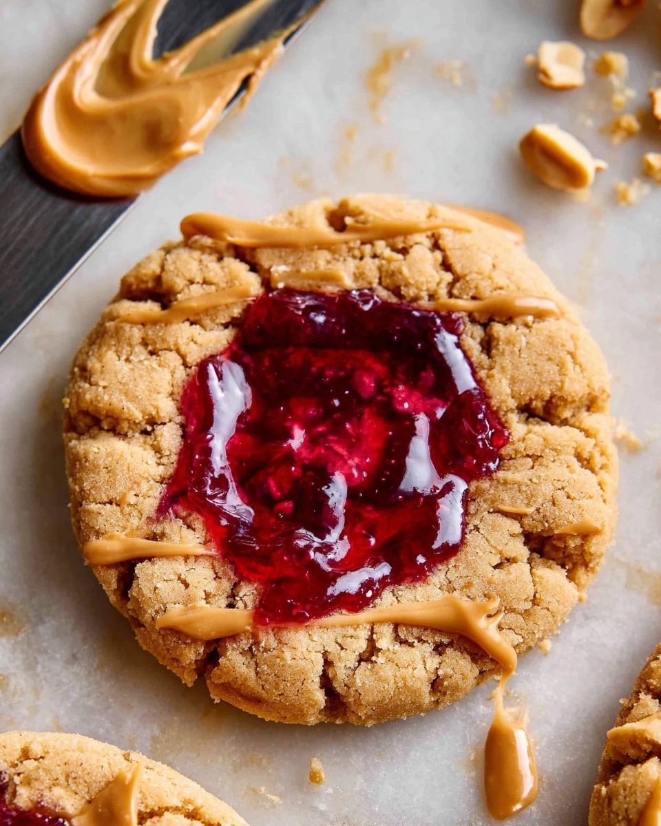 A close-up of a single cookie on a white marbled surface, featuring one thick base layer of crumbly light brown dough with visible cracks and a slightly rough texture. On top, there is a glossy, deep red jam layer centered in a round shape, with a shiny, smooth surface that reflects light. Thin drizzles of creamy tan peanut butter are unevenly spread over one side of the jam, with a small pool of peanut butter slightly spilled nearby. The scene includes a metal knife with peanut butter smeared on it in the top left corner, and some small bits of chopped peanuts scattered near the top right edge of the cookie. photo taken with an iphone --ar 4:5 --v 7