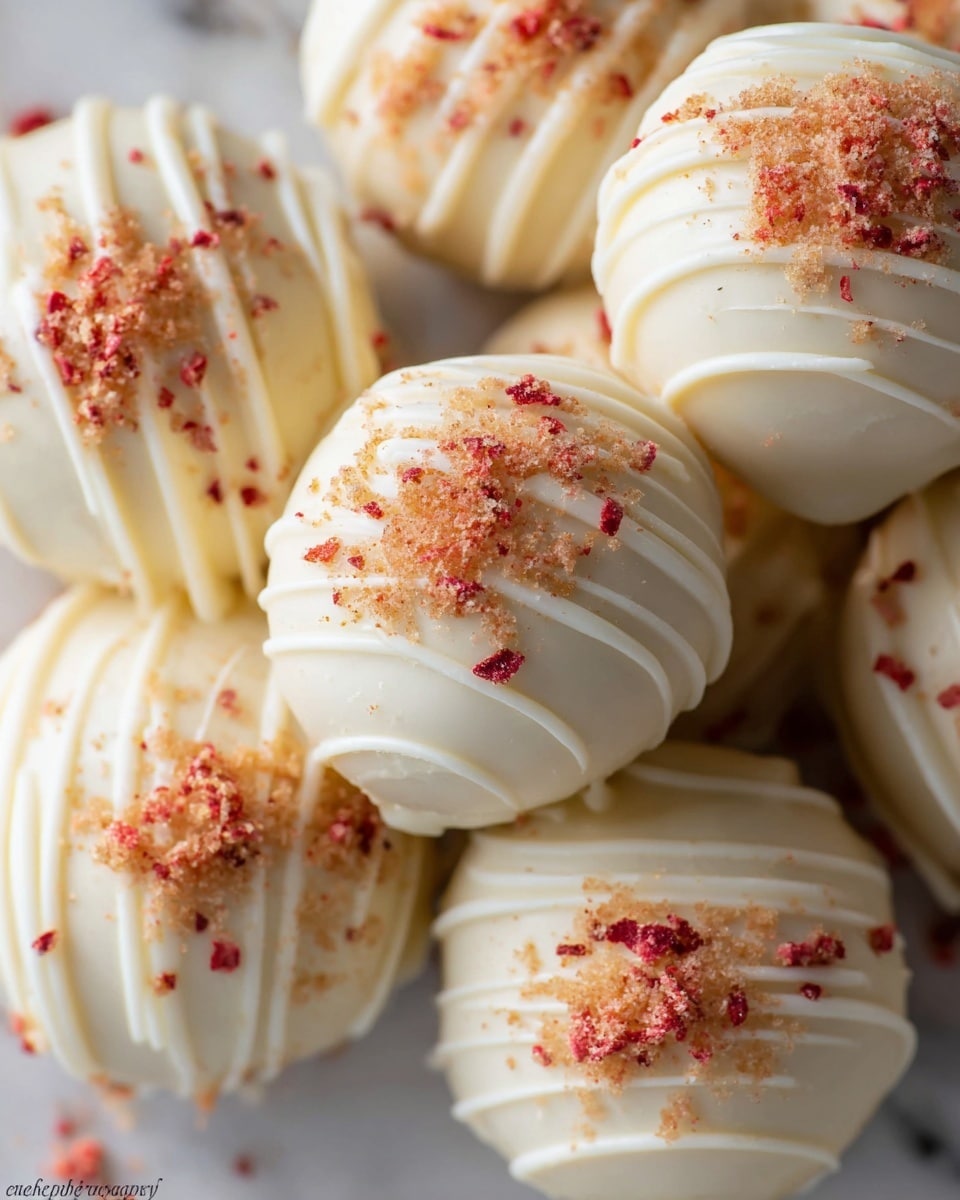 The image shows close-up of several white chocolate balls, each decorated with thin, wavy lines of white chocolate drizzled on top. The balls have small sprinkles of crushed red and light brown crumbs scattered over their smooth surfaces, adding texture and color contrast. They are clustered together on a white marbled surface, giving a clean and bright background that highlights the details of the white chocolate and the colorful crumbs. photo taken with an iphone --ar 4:5 --v 7