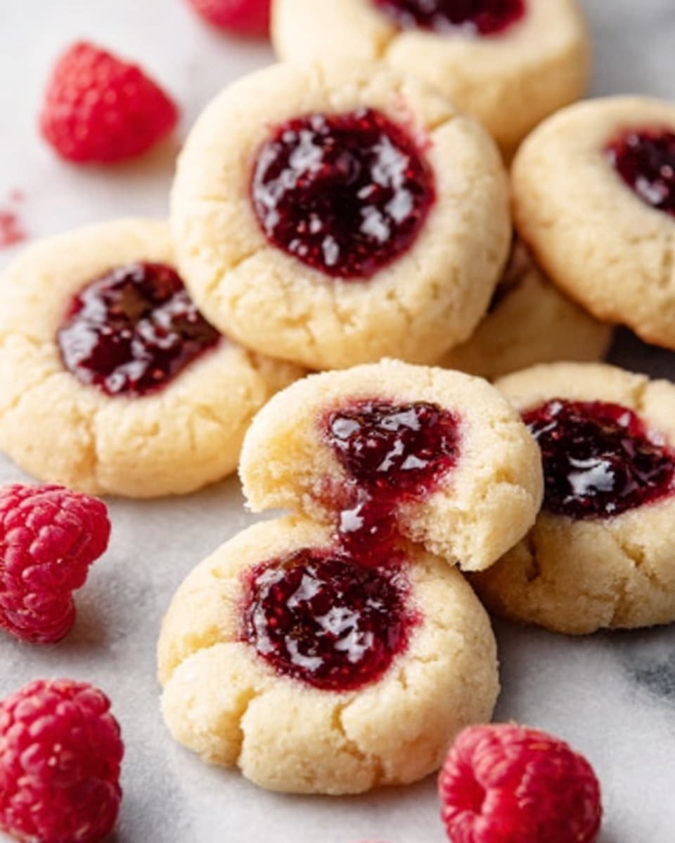 The image shows several small round cookies with a soft, pale yellow dough, each topped with a shiny dark red jam center. The cookies have a slightly crinkled texture around the edges, giving them a homemade look. Scattered fresh red raspberries surround the cookies on the white marbled surface, adding a fresh touch. The jam in the centers appears thick and glossy, slightly oozing in some cookies. Photo taken with an iphone --ar 4:5 --v 7