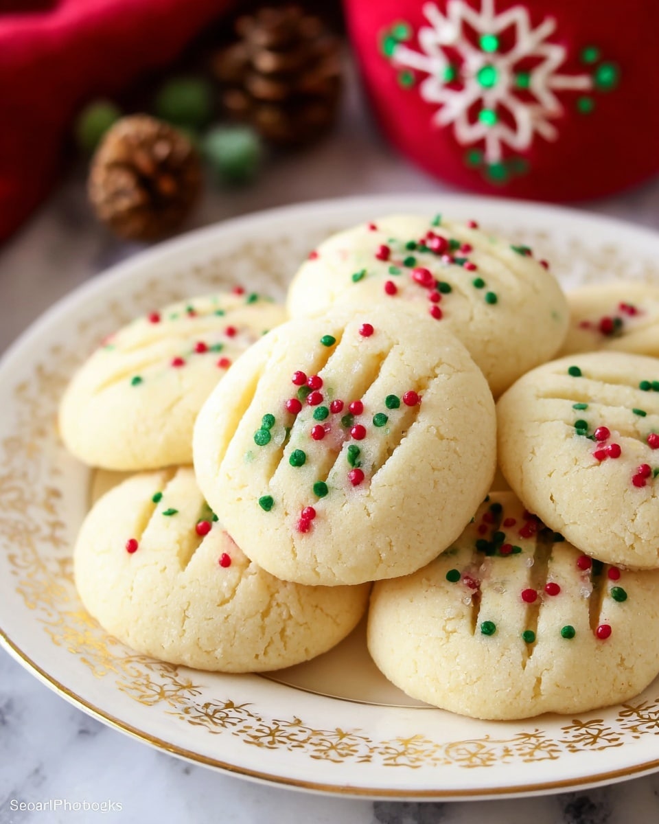 The image shows a close-up of a white plate with a gold patterned rim holding soft, round, pale yellow cookies, each with three small fork indentations on top. These cookies are decorated with small red, green, and white round sprinkles clustered in the fork marks. The background features a blurred red item with a green snowflake design and some brown elements, all set on a white marbled surface. photo taken with an iphone --ar 4:5 --v 7