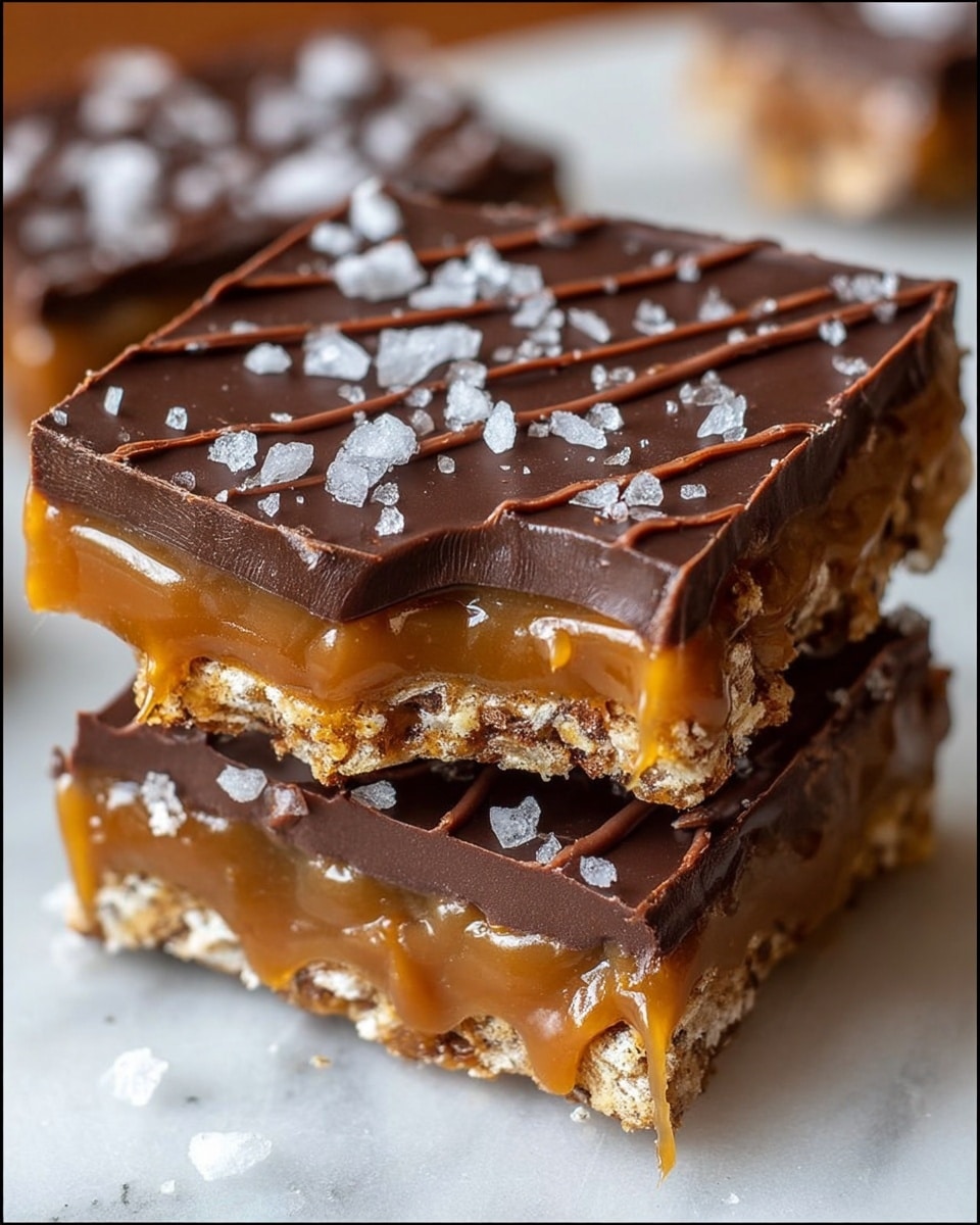 The image shows two layered dessert squares stacked on a white marbled surface. Each square has a base layer of light brown, crunchy pretzel pieces with a rough texture. On top of the pretzels is a thick, smooth caramel layer that is golden brown and slightly shiny, oozing slightly at the edges. Above the caramel is a solid, dark chocolate layer with a smooth finish, decorated with thin dark chocolate drizzle lines running across the top. The squares are sprinkled with large, coarse white salt flakes that contrast with the darker layers. Photo taken with an iphone --ar 4:5 --v 7