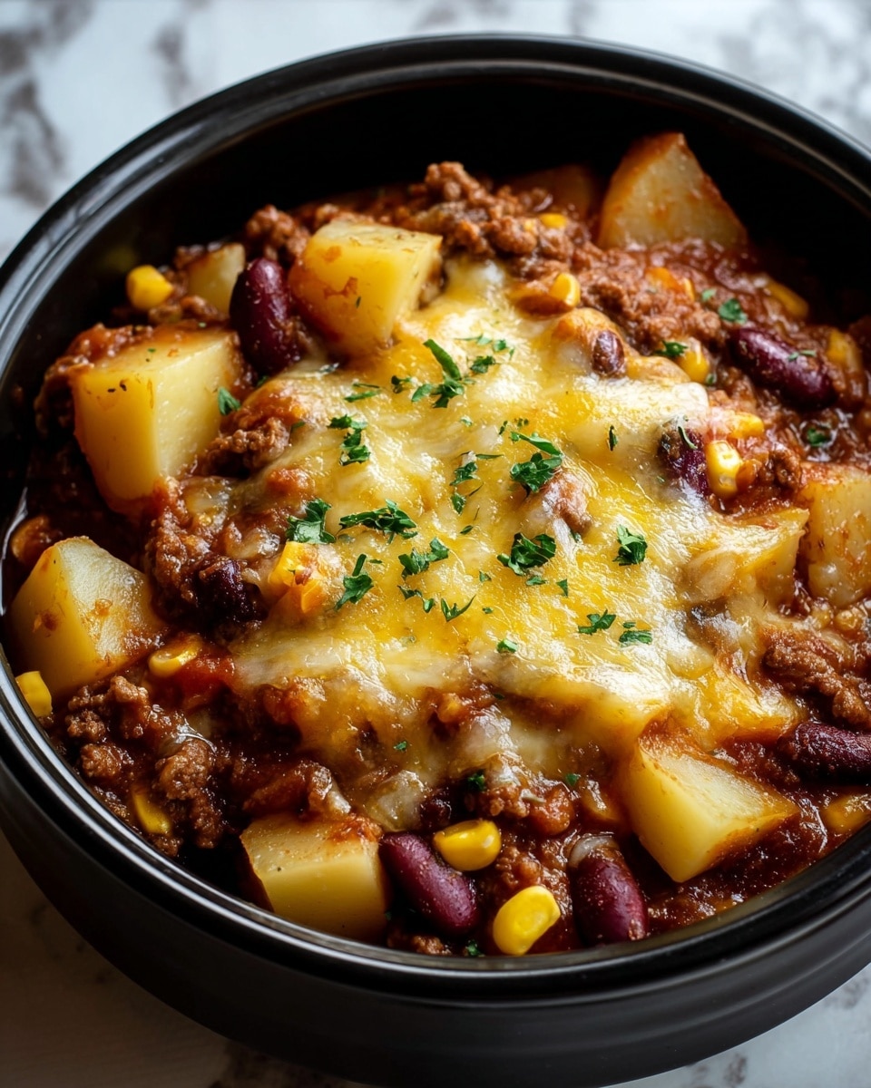 A black bowl filled with a hearty dish made of several layers: the base layer is chunky pieces of light yellow potatoes mixed with dark red kidney beans, bright yellow corn kernels, and cooked brown ground meat in a thick reddish-brown sauce. On top there is a melted layer of golden-yellow cheese that has a slightly shiny texture and is sprinkled with small green herb leaves for garnish. The bowl sits on a white marbled surface, adding contrast to the warm colors of the food, photo taken with an iphone --ar 4:5 --v 7