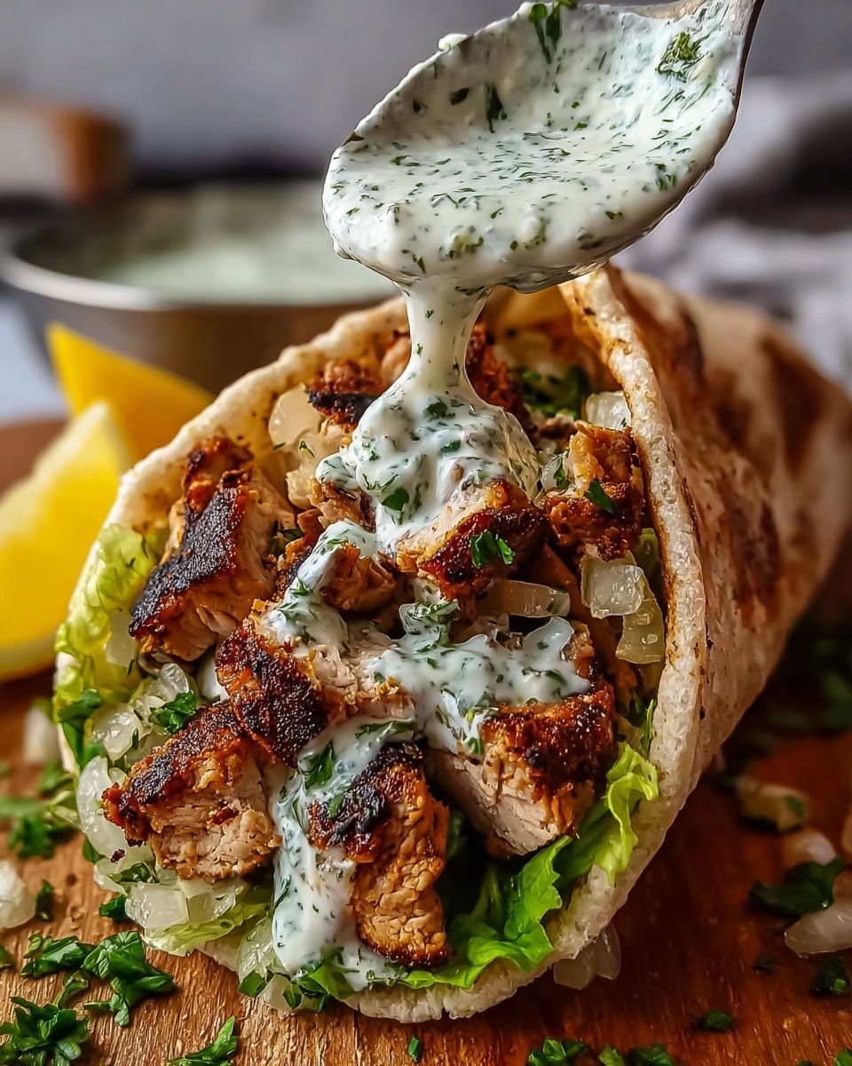 A close-up of a pita wrap filled with multiple layers: the bottom layer consists of small red tomato pieces and green lettuce leaves, topped with chopped fresh parsley. Above this, there are thick slices of grilled chicken with a crispy, golden-brown crust. A creamy white sauce with green herbs is being poured over the chicken from a white spoon, dripping down the sides of the wrap. The pita bread looks soft and slightly toasted, forming a pocket for the filling. The wrap is placed on a white marbled surface. photo taken with an iphone --ar 4:5 --v 7