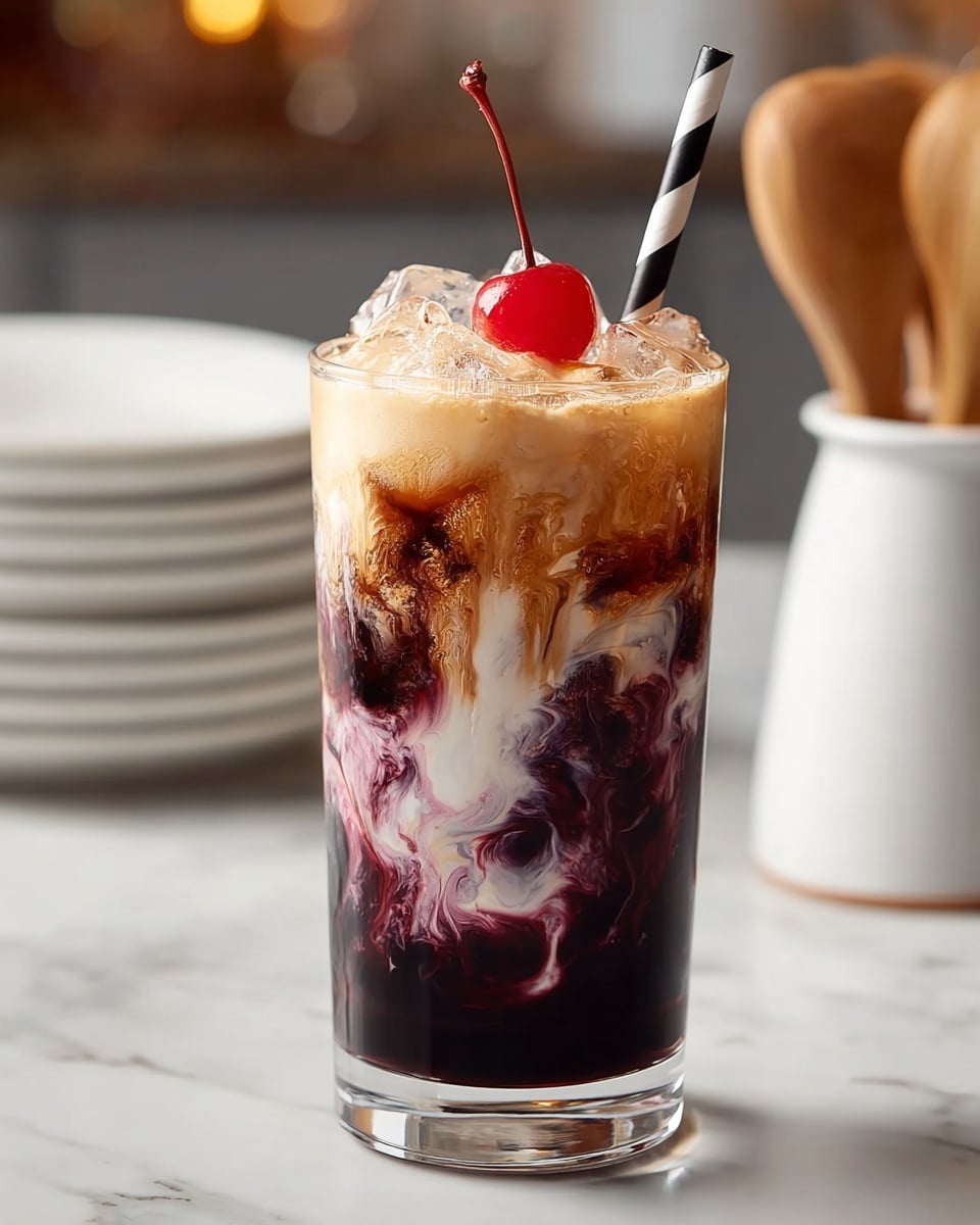 A tall, clear glass filled with a dark purple liquid at the bottom that swirls upward, mixing with creamy white swirls to create a marbled effect in the middle and near the top. The top layer is a light tan foam with ice cubes sitting in it, and it is garnished with a single bright red cherry with a stem. A black and white striped straw is placed inside the glass. The glass sits on a white marbled surface with a blurry background that includes white plates stacked on one side and a white container holding wooden utensils on the other. Photo taken with an iphone --ar 4:5 --v 7
