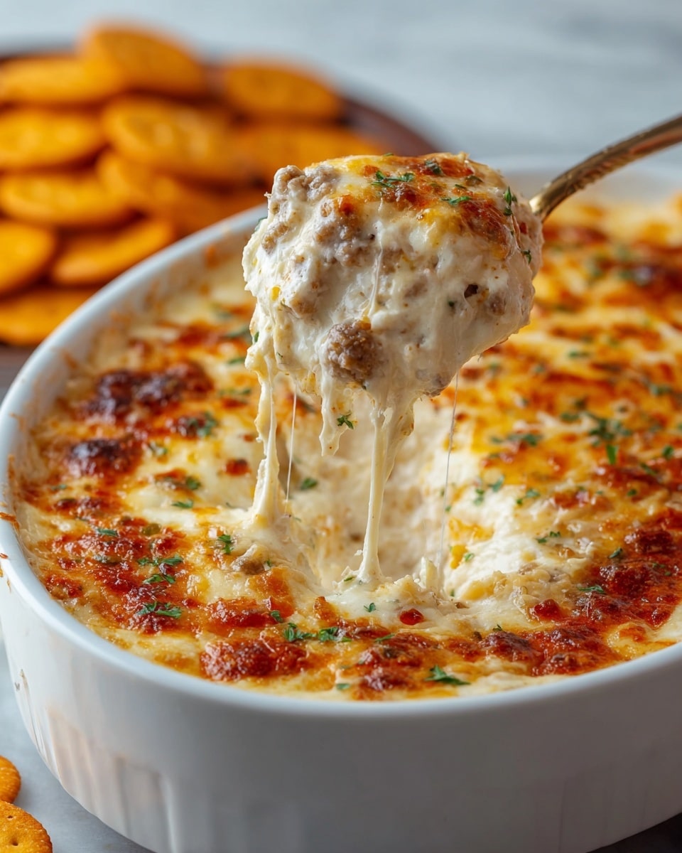 A close-up view of a white round dish filled with a baked cheesy dip showing three main layers: the top layer is golden-brown melted cheese with small browned bits and tiny green herb sprinkles, the middle layer is a creamy light beige cheese mixture with visible grains of cooked ground meat scattered evenly, and the bottom layer consists of a thick cheesy base barely visible beneath. A spoon lifts a scoop, stretching some melted cheese strands back to the dish, revealing the rich creamy inside studded with browned bits of meat. The dish sits on a white marbled surface with blurred background showing orange crackers. photo taken with an iphone --ar 4:5 --v 7