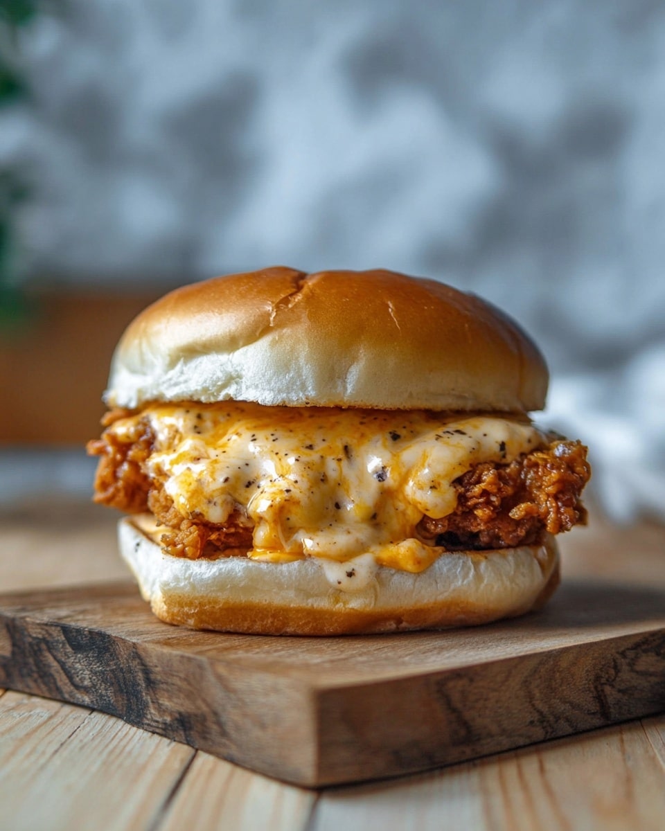 A close-up image of a sandwich with three layers: the top layer is a soft, shiny, light golden brown bun with a smooth texture; the middle layer is crispy fried chicken coated in gooey melted cheese that is yellow and white with specks of black pepper, flowing slightly over the edges; the bottom layer is a soft white bun, slightly thicker, resting on a dark wooden board. The background is a white marbled texture. Photo taken with an iphone --ar 4:5 --v 7
