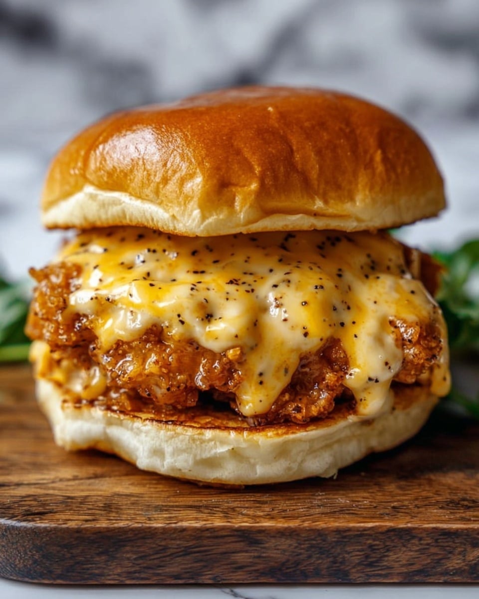 A close-up of a fried chicken sandwich with two main layers: the bottom layer is a soft, white sandwich bun, topped with crispy golden-brown fried chicken covered in creamy melted orange and white cheese sauce with black pepper specks, and the top layer is a shiny, slightly toasted white sandwich bun. The sandwich sits on a rustic wooden board on a light wooden table, with a soft-focus white marbled texture background. Photo taken with an iphone --ar 4:5 --v 7