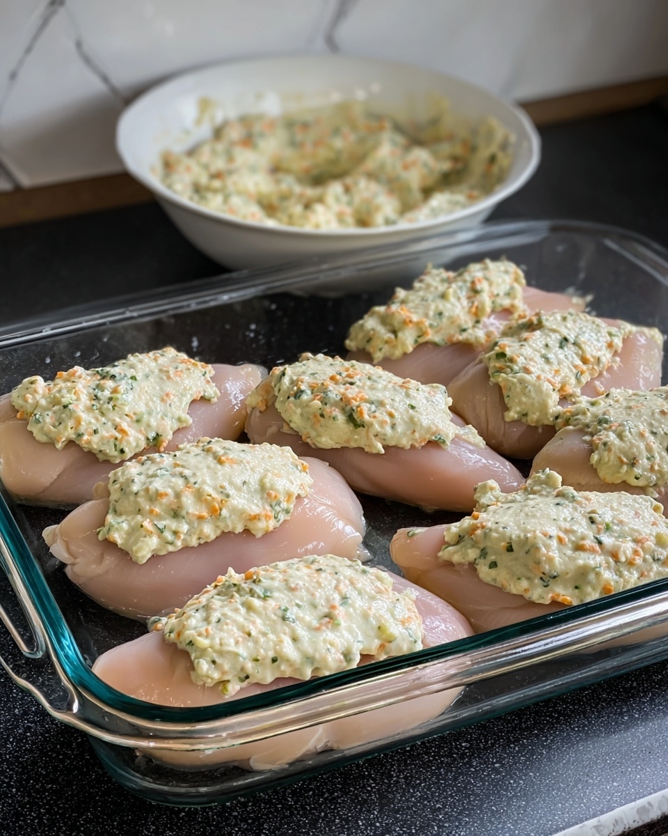 The image shows a clear rectangular glass baking dish containing seven raw, pale pink chicken breasts, each topped with a thick, creamy whitish mixture speckled with small orange and green pieces, likely herbs and vegetables. Behind the dish, there is a white bowl filled with the same creamy mixture. The baking dish is placed on a dark countertop with a white marbled texture in the background, adding contrast to the soft colors of the chicken and topping. The lighting is natural, highlighting the smooth, moist texture of the chicken and the slightly lumpy texture of the creamy topping. Photo taken with an iphone --ar 4:5 --v 7