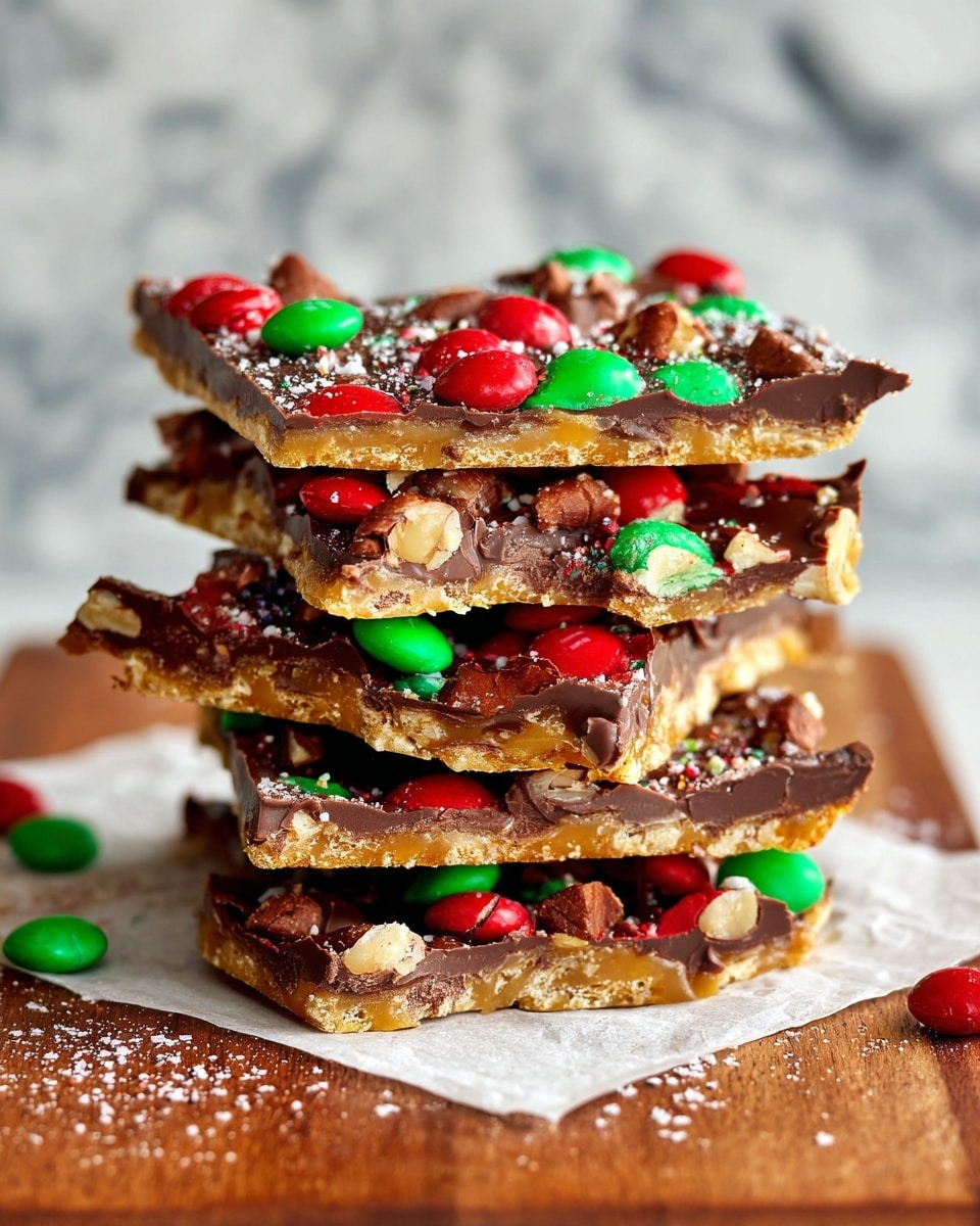 A tall stack of five uneven layers of crunchy toffee bark on white parchment shows a base layer of golden-brown cracker with a slightly rough texture, topped with a smooth, thick layer of dark chocolate that shines under red and green candy coated chocolates scattered across the surface. The pieces reveal a mix of embedded chopped nuts and some candy broken open to show the chocolate inside. The stack sits on a wooden board with a white marbled background behind it. photo taken with an iphone --ar 4:5 --v 7