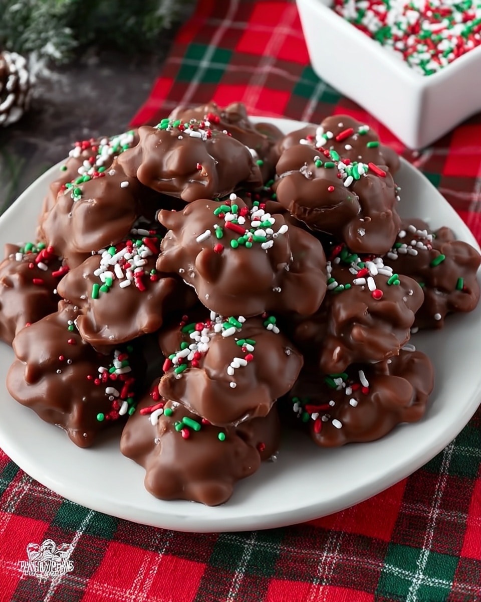 A white plate full of round chocolate clusters, each covered in smooth milk chocolate with a slightly bumpy texture. On top of each cluster are small Christmas-themed sprinkles in red, white, and green colors, scattered unevenly. The clusters are piled, some overlapping others, and the plate sits on a red and green plaid cloth. In the corner, part of a white square container with matching festive sprinkles is visible. Photo taken with an iphone --ar 4:5 --v 7
