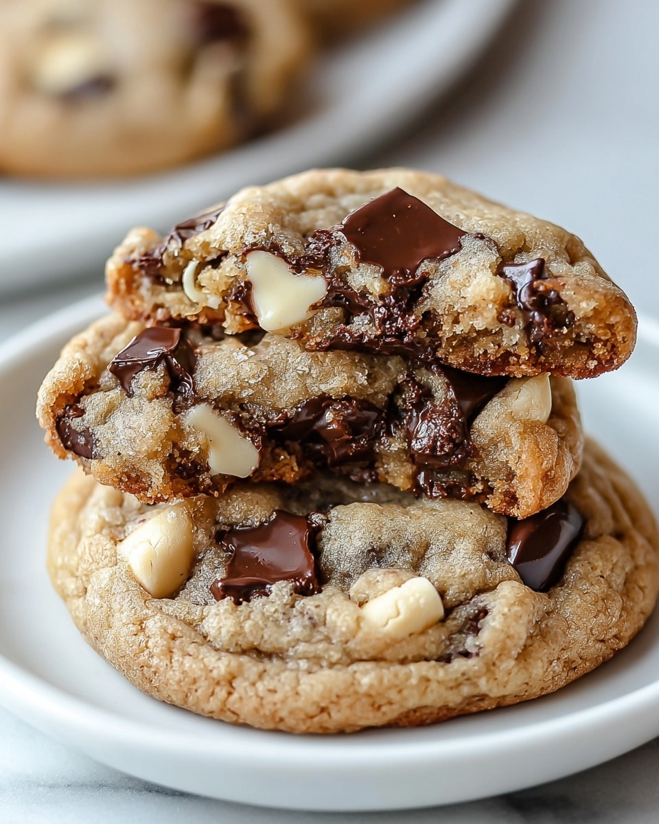 The image shows a close-up of two chocolate chip cookies stacked on a white plate, placed on a white marbled surface. The bottom cookie is whole, light brown with a slightly crisp outer edge, embedded with large dark and white chocolate chunks. The top cookie is broken in half and laid over the bottom one, revealing a soft, chewy inside with gooey melted dark chocolate and creamy white chocolate chunks. The texture of the cookie dough looks moist and crumbly, and the chocolate pieces are glossy, contrasting with the matte cookie dough. Photo taken with an iphone --ar 4:5 --v 7