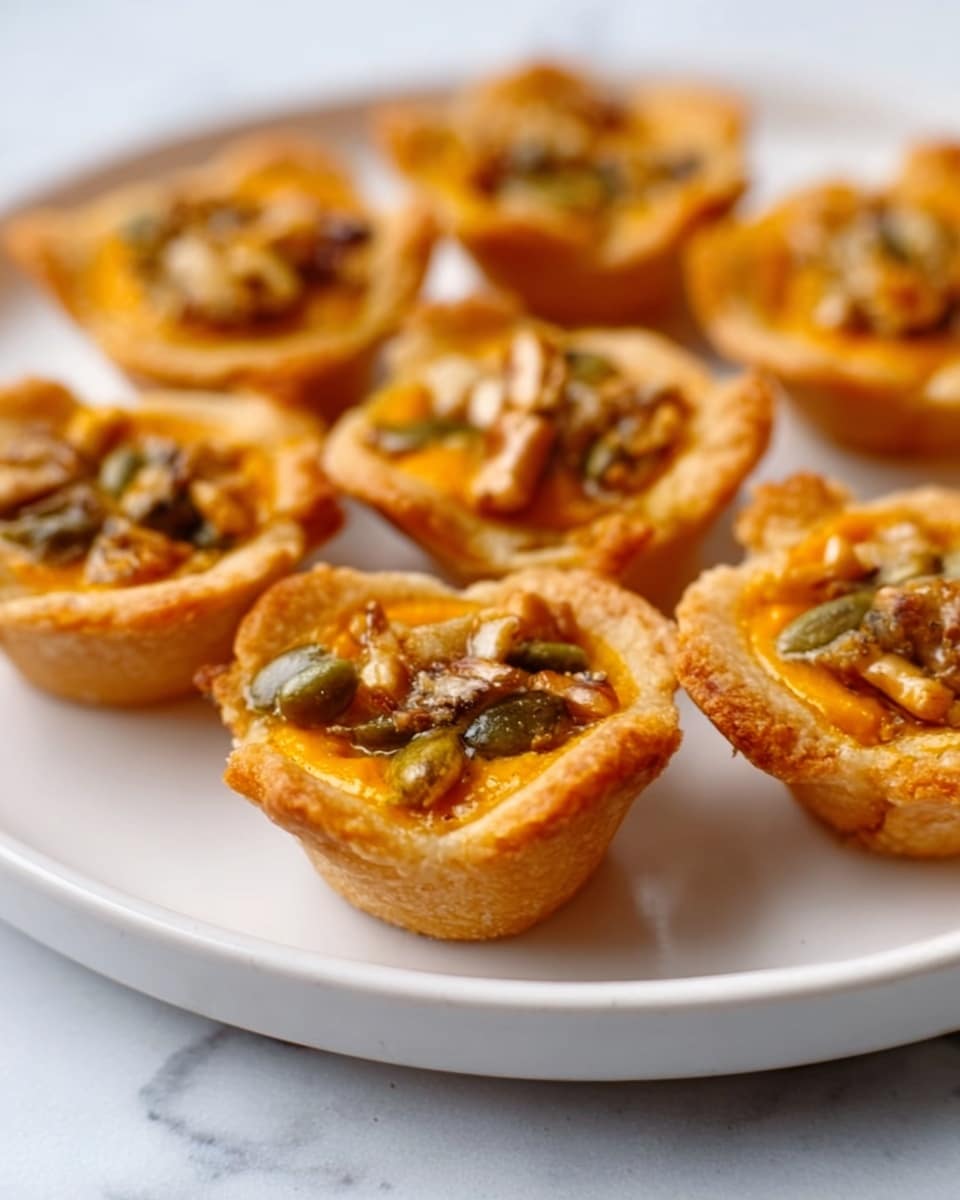 The image shows several small tartlets arranged on a white plate, placed on a white marbled surface. Each tartlet has a golden-brown, crispy shell filled with a warm, orange-colored filling. On top of the filling, there are small pieces of toasted nuts and seeds, adding texture and color contrast with light brown and greenish tones. The tartlets are closely placed and appear bite-sized, with slightly uneven edges giving them a homemade look. The lighting highlights the glossy surface of the filling and the matte, crispiness of the shells. photo taken with an iphone --ar 4:5 --v 7