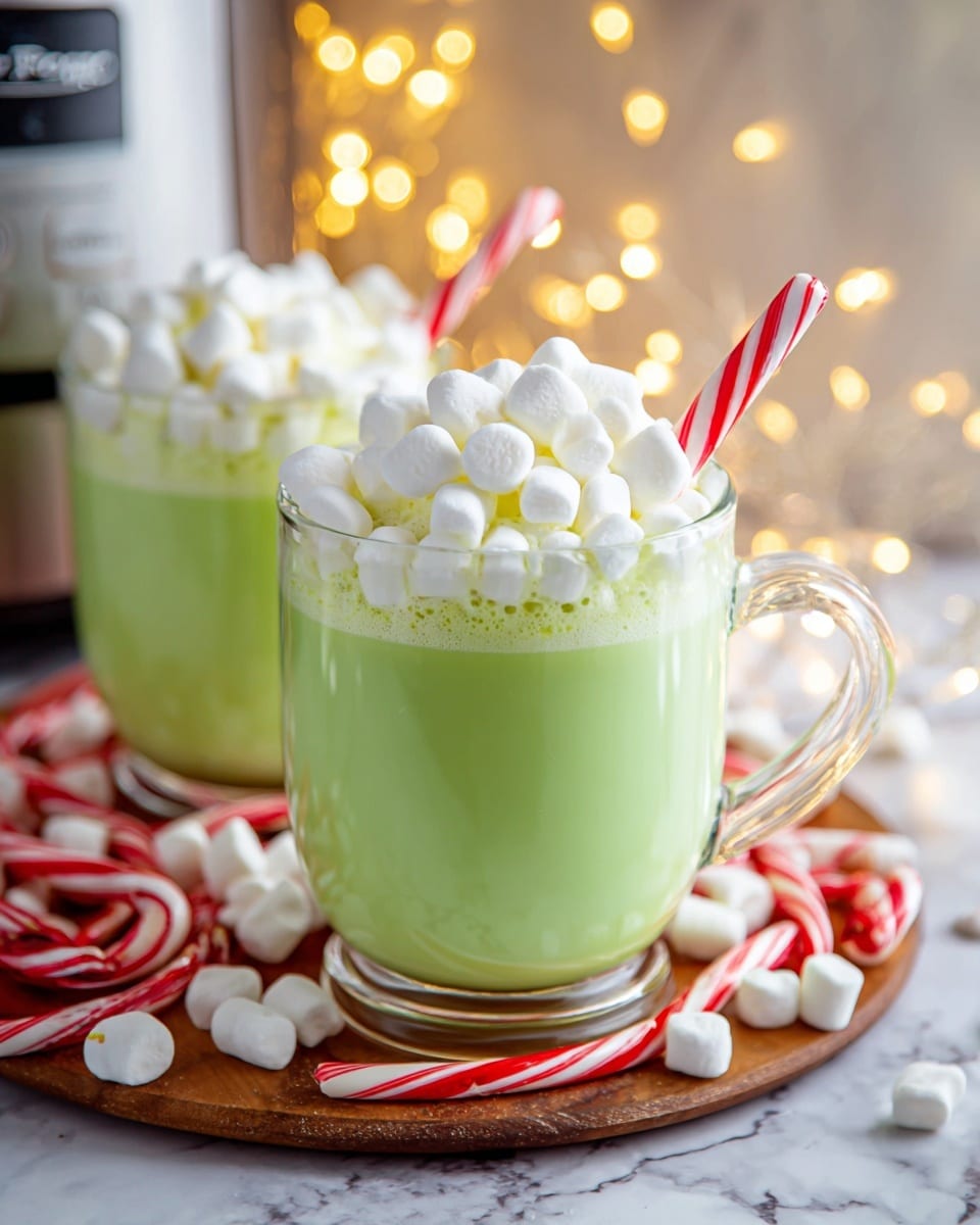 Two clear glass mugs are filled with a bright light green drink, each topped with a thick layer of small white marshmallows. A long, red-and-white striped peppermint stick rests diagonally on top of the marshmallows in each mug. The mugs sit on a wooden board with more red-and-white peppermint sticks scattered around. In the blurred background, warm string lights add a cozy glow, and a Crock-Pot appliance is partly visible. The scene is set against a white marbled surface. photo taken with an iphone --ar 4:5 --v 7