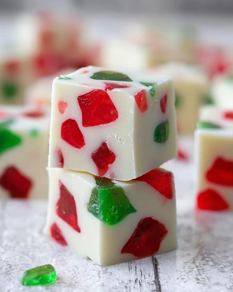 The image shows two white, soft, square-shaped fudge pieces stacked on top of each other, each containing bright red and green jelly-like chunks embedded inside. The fudge has a smooth texture with tiny air bubbles visible, and the red and green chunks have a translucent, shiny appearance, contrasting with the creamy white fudge. The stack is placed on a white marbled textured surface, and more scattered fudge pieces with similar colors are blurred in the background. photo taken with an iphone --ar 4:5 --v 7