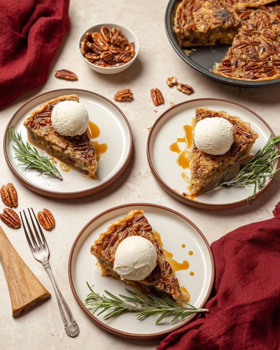 The image shows three slices of pecan pie on white plates with brown rims, each slice rich with chopped pecans and a golden, crumbly top. Two slices are garnished with a scoop of creamy white vanilla ice cream drizzled with caramel sauce, sitting on top of the pie. Fresh green rosemary sprigs are placed beside the slices on the plates. Around the plates are scattered pecans, a silver fork, and a small white bowl filled with pecans. In the background on a beige surface is a black pie pan with more pie and a wooden spatula. A red cloth is draped in the bottom left corner. The setting is warm and inviting on a white marbled texture. photo taken with an iphone --ar 4:5 --v 7