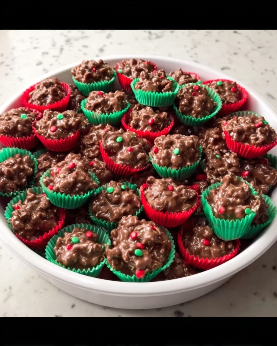 A large white plastic bowl filled with many small chocolate clusters in red and green paper cups. Each cluster has a rough, uneven texture with visible small red and green candy bits mixed into the chocolate. The paper cups are tightly packed together, filling the bowl completely, and the chocolate surface appears glossy and slightly bumpy. The bowl is placed on a white marbled textured surface. photo taken with an iphone --ar 4:5 --v 7