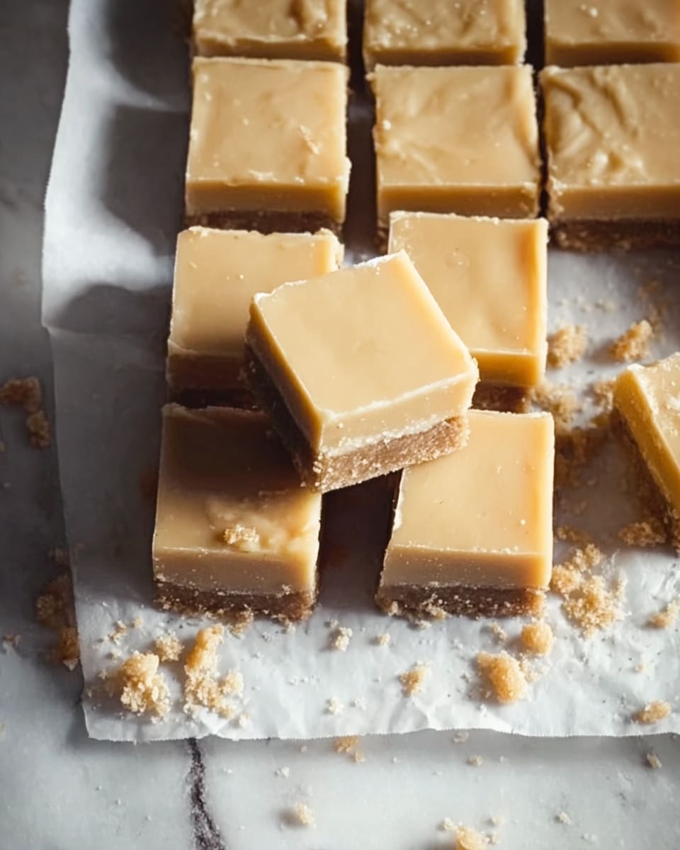 The image shows a batch of fudge squares arranged in a 3x4 grid on a piece of crinkled white parchment paper placed over a white marbled surface. Each fudge piece has two visible layers: a thick, smooth light caramel-colored top layer and a thinner, slightly crumbly darker brown base layer. Two fudge squares are stacked on top of the middle fudge in the front row, slightly tilted to show their thickness. Small crumbs of fudge are scattered in front on the parchment paper, adding a texture detail. The lighting emphasizes the smooth sheen on the fudge top and the rougher texture of the base and crumbs. photo taken with an iphone --ar 4:5 --v 7