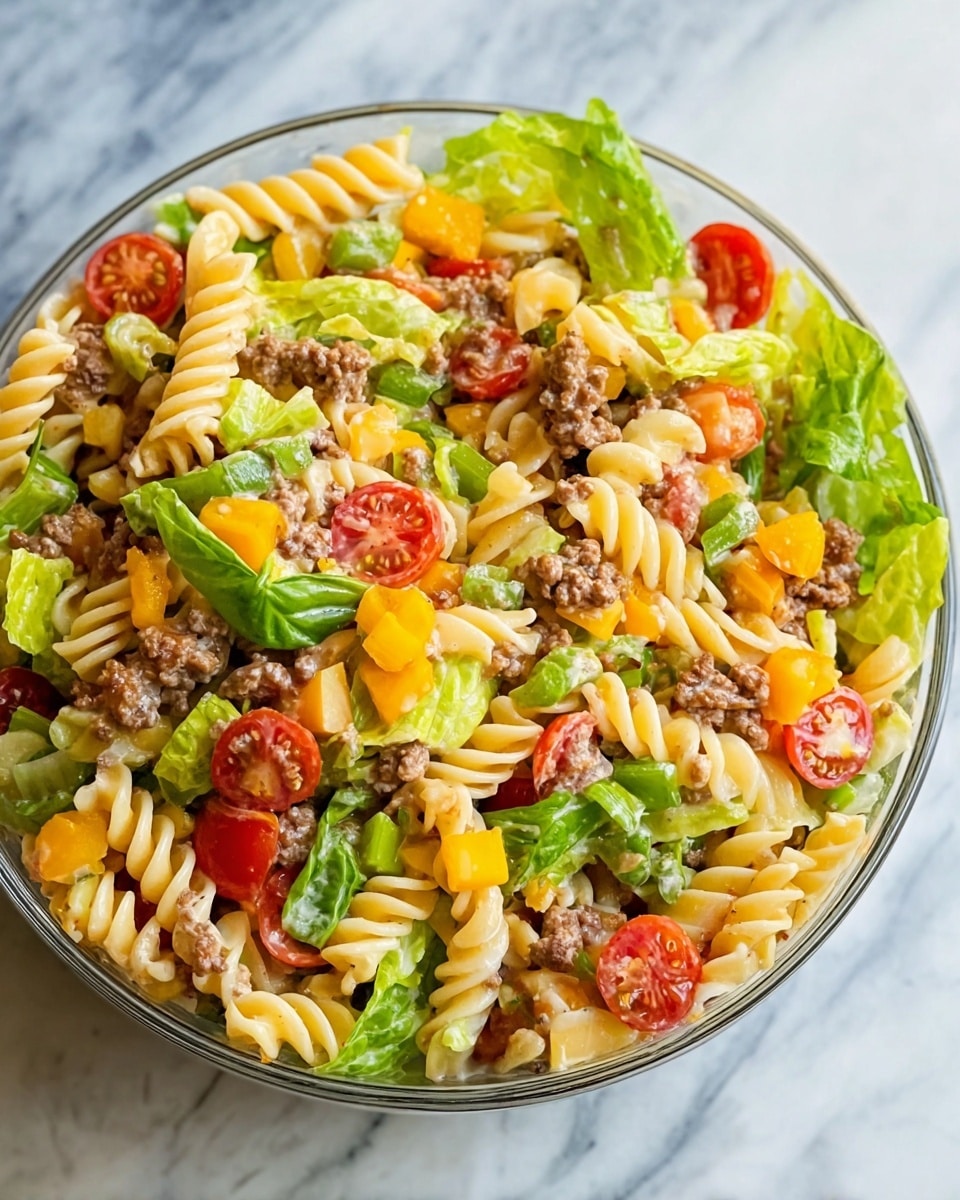 A close-up view of a large glass bowl filled with a mixed pasta salad on a white marbled surface, showing about five layers of ingredients: the first layer is creamy spiral pasta in pale yellow, mixed evenly throughout; the second layer has small pieces of cooked ground beef in light brown; the third layer features bright red halved cherry tomatoes scattered on top; the fourth layer includes chunks of yellow cheese and small diced orange bells; the fifth layer contains fresh leafy green spinach mixed evenly for a fresh touch. Photo taken with an iphone --ar 4:5 --v 7