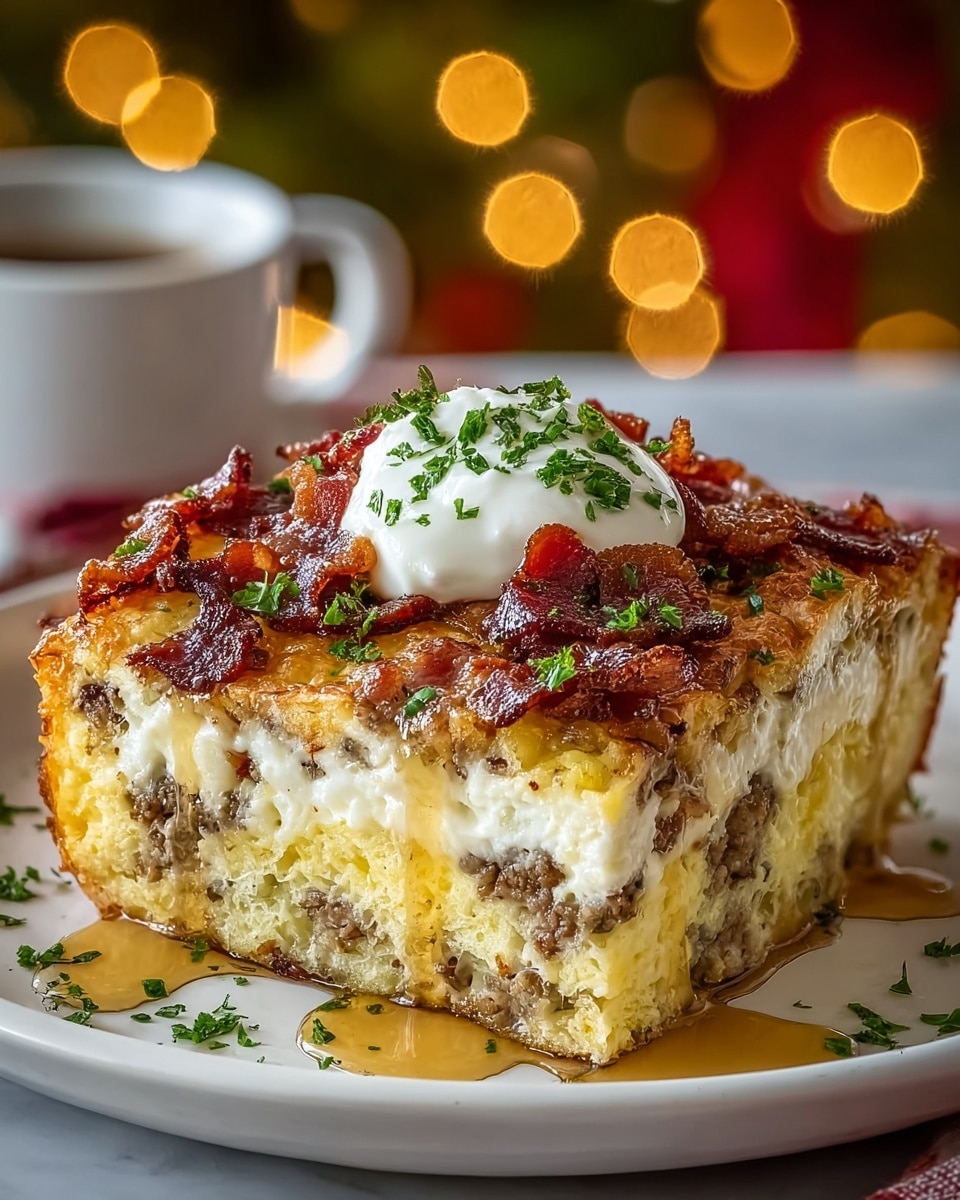 A thick square slice of breakfast casserole sits on a white plate over a white marbled texture. The casserole has three visible layers: the bottom layer is light yellow and fluffy with bits of brown sausage mixed in, the middle layer is creamy white cheese, and the top layer is golden brown and slightly crispy with small chunks of dark red crispy bacon scattered on top. A dollop of white sour cream sits in the center, sprinkled with bright green chopped herbs. Golden syrup drizzles down the sides, pooling slightly on the plate, with extra herbs sprinkled around. In the blurry background, warm yellow bokeh light adds a cozy feel. Photo taken with an iphone --ar 4:5 --v 7